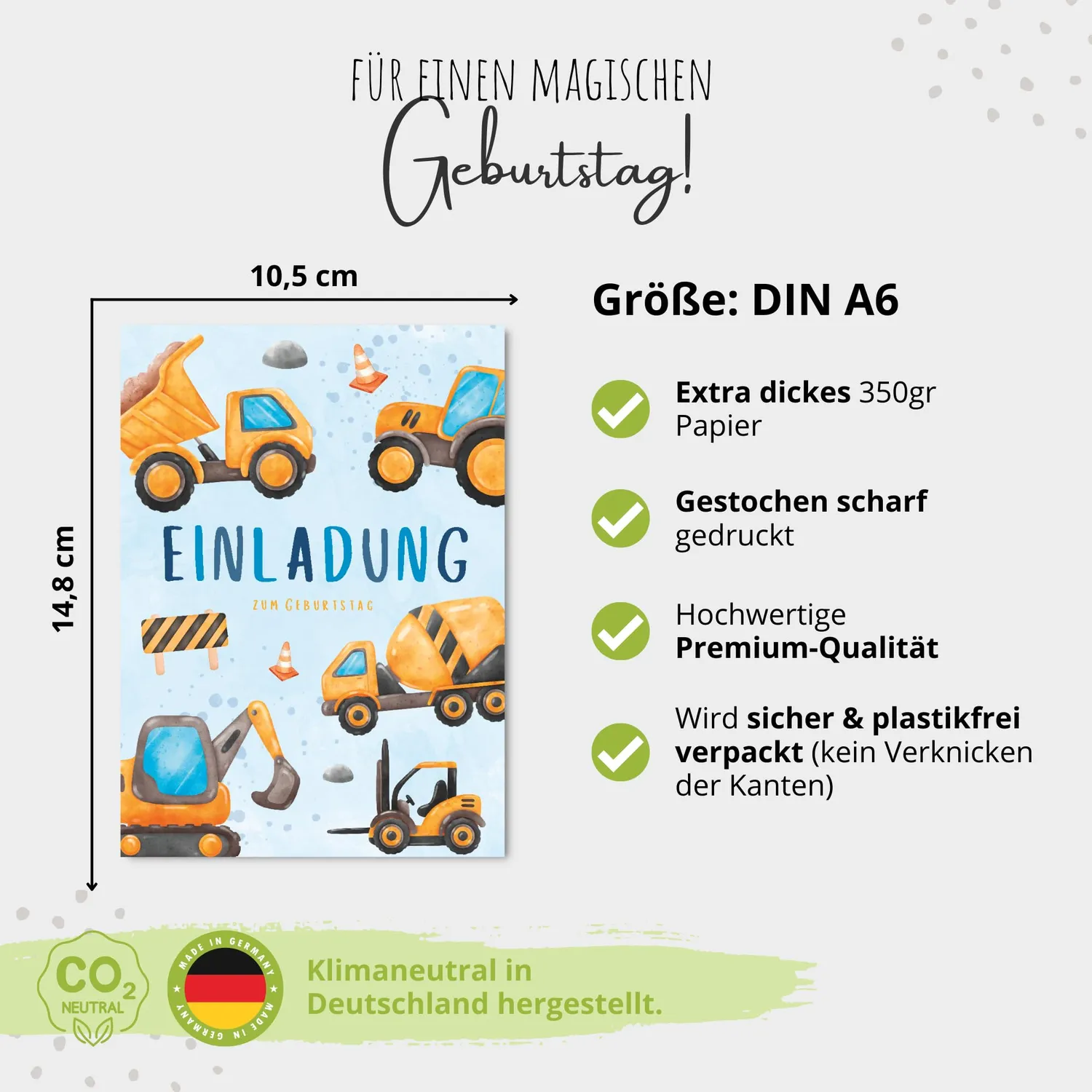 MeinBaby123 Einladungskarten Bagger 10er A6 mit Umschlägen Karton