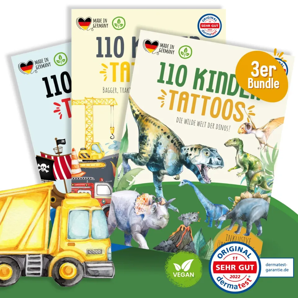 MeinBaby123 Kindertattoos 3er Set Dinos Piraten Fahrzeuge