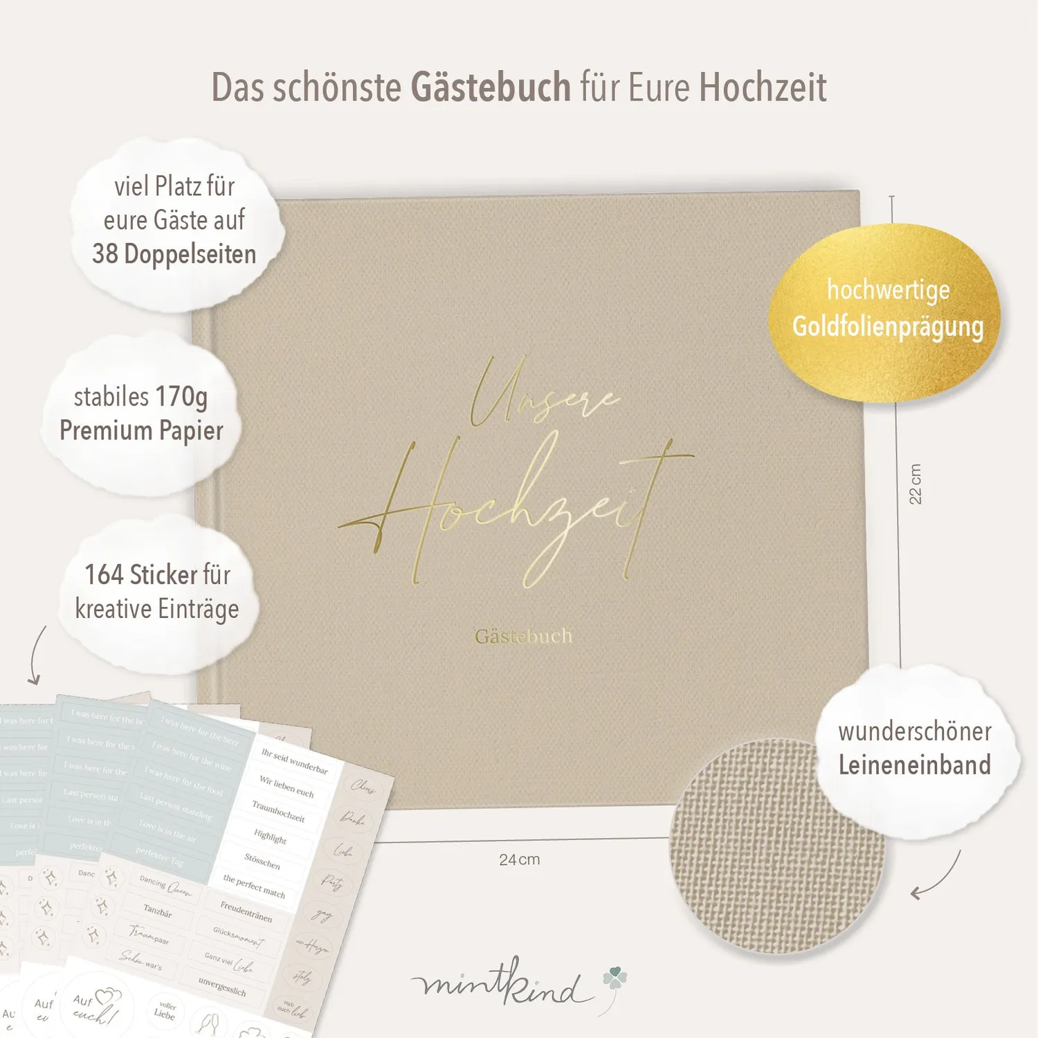 MINTKIND Gästebuch Hochzeit Leinen Offwhite mit Fragen
