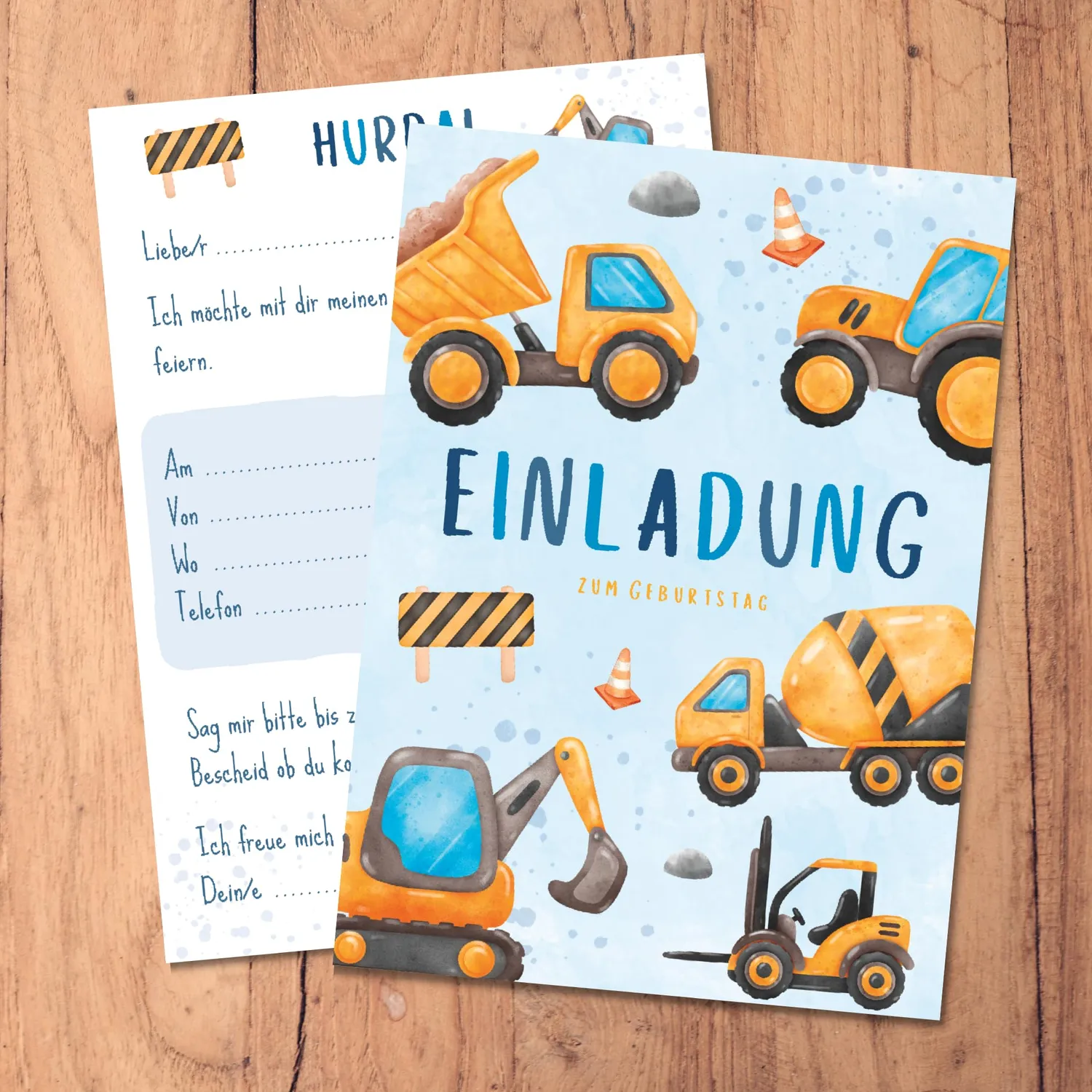 MeinBaby123 Einladungskarten Bagger 10er A6 mit Umschlägen Karton