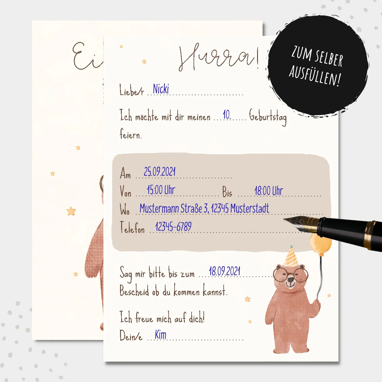 MeinBaby123 Bär Einladungskarten Kindergeburtstag 10er Set mit Umschlägen