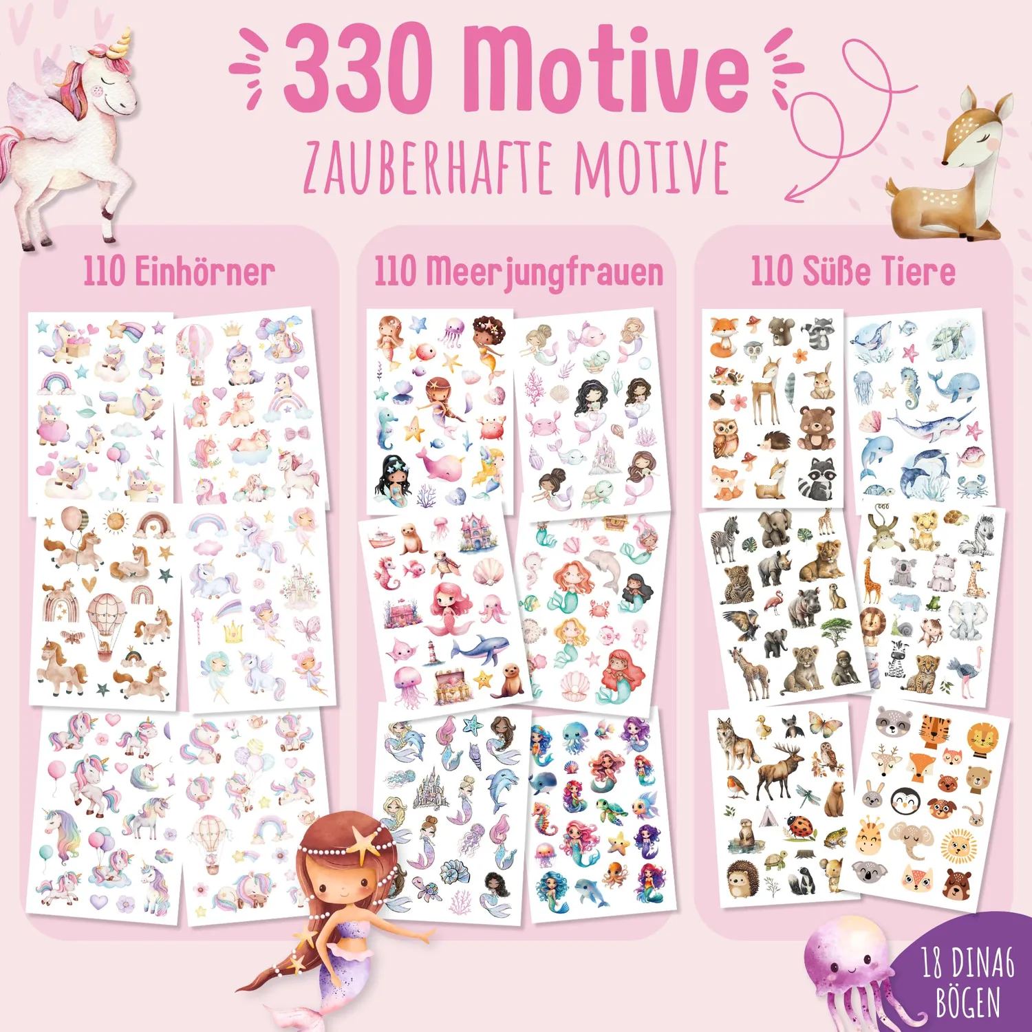 MeinBaby123 Kinder Tattoos 3er Set Einhorn Fee Meerjungfrau
