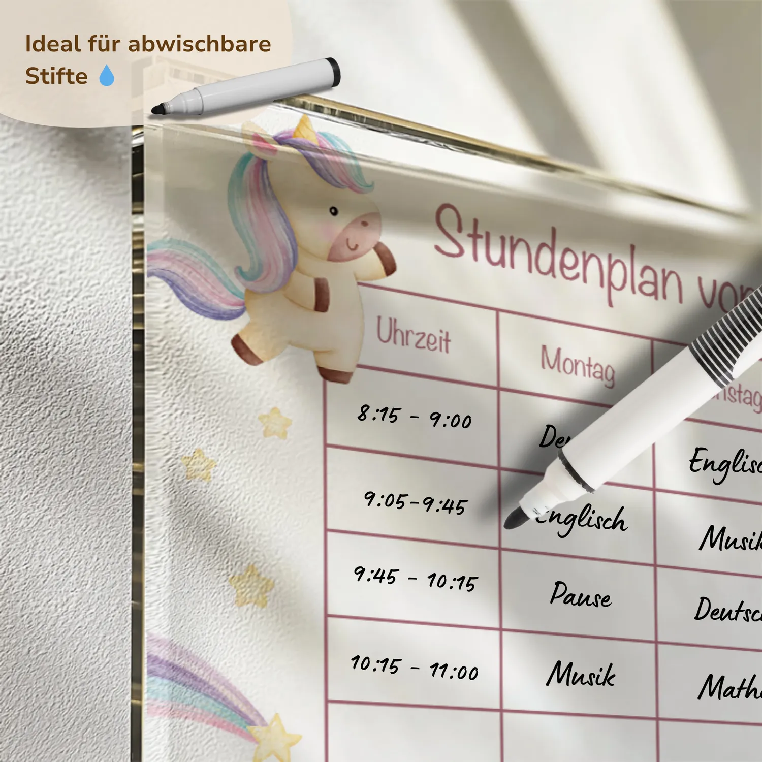 MeinBaby123 Stundenplan Acryl Einhörner A4 mit Halterung