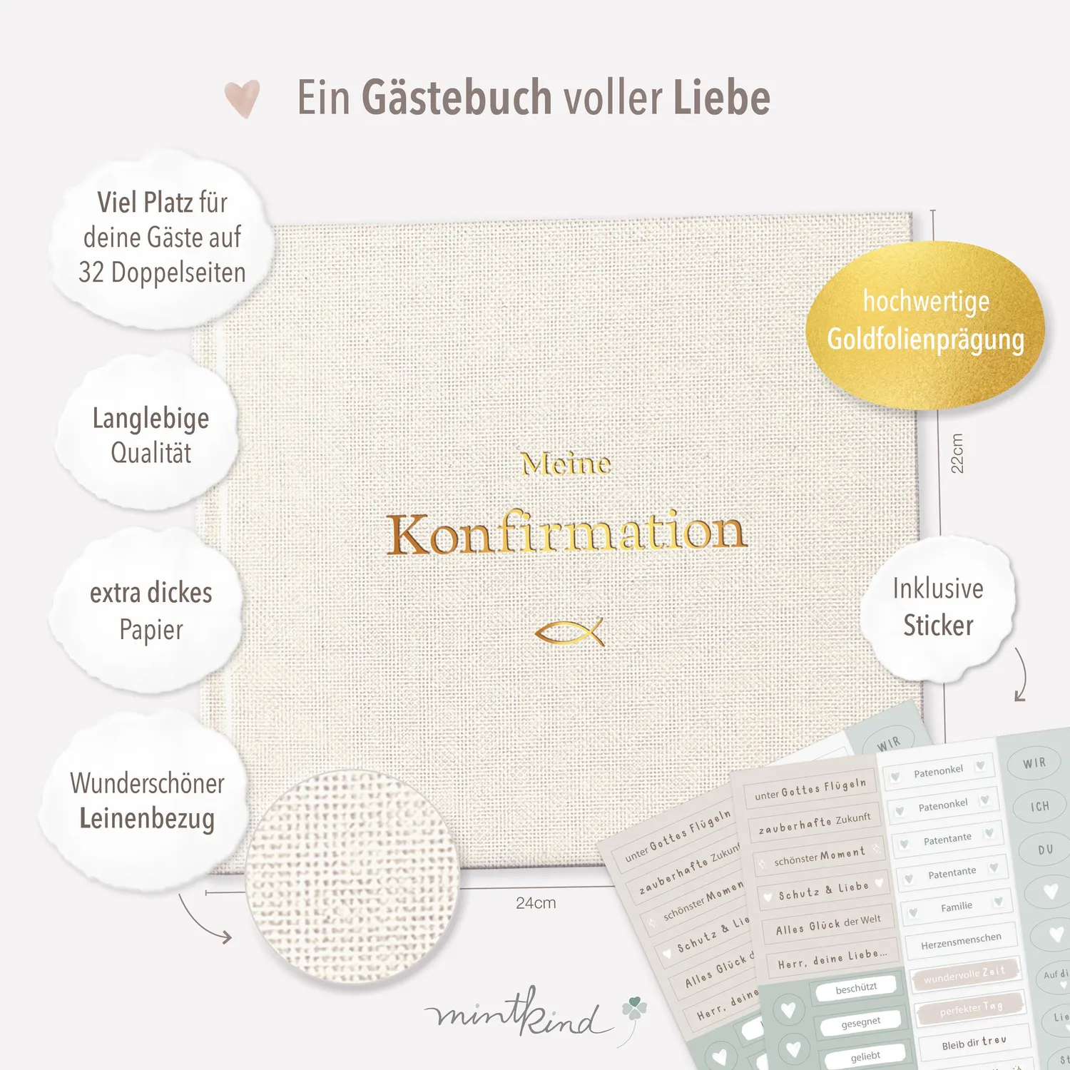 MINTKIND Meine Konfirmation Gästebuch Leinen Beige 72 Seiten