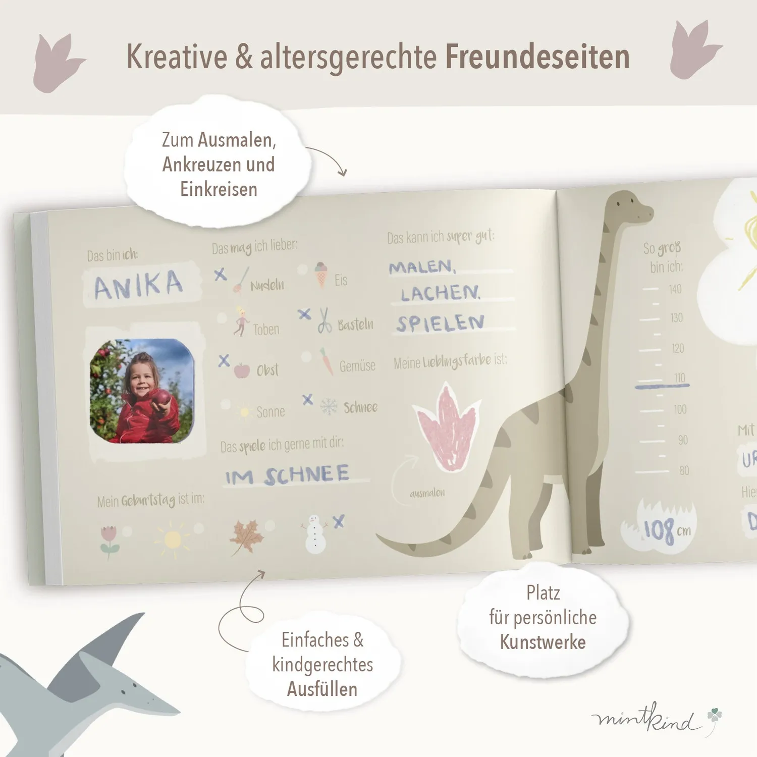MINTKIND Dino Freundebuch Kindergarten DIN A5 quer