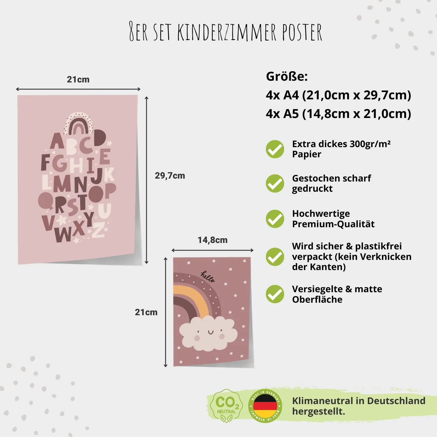 MeinBaby123 Süße Tiere rosa Poster 8er-Set A4/A5 matt
