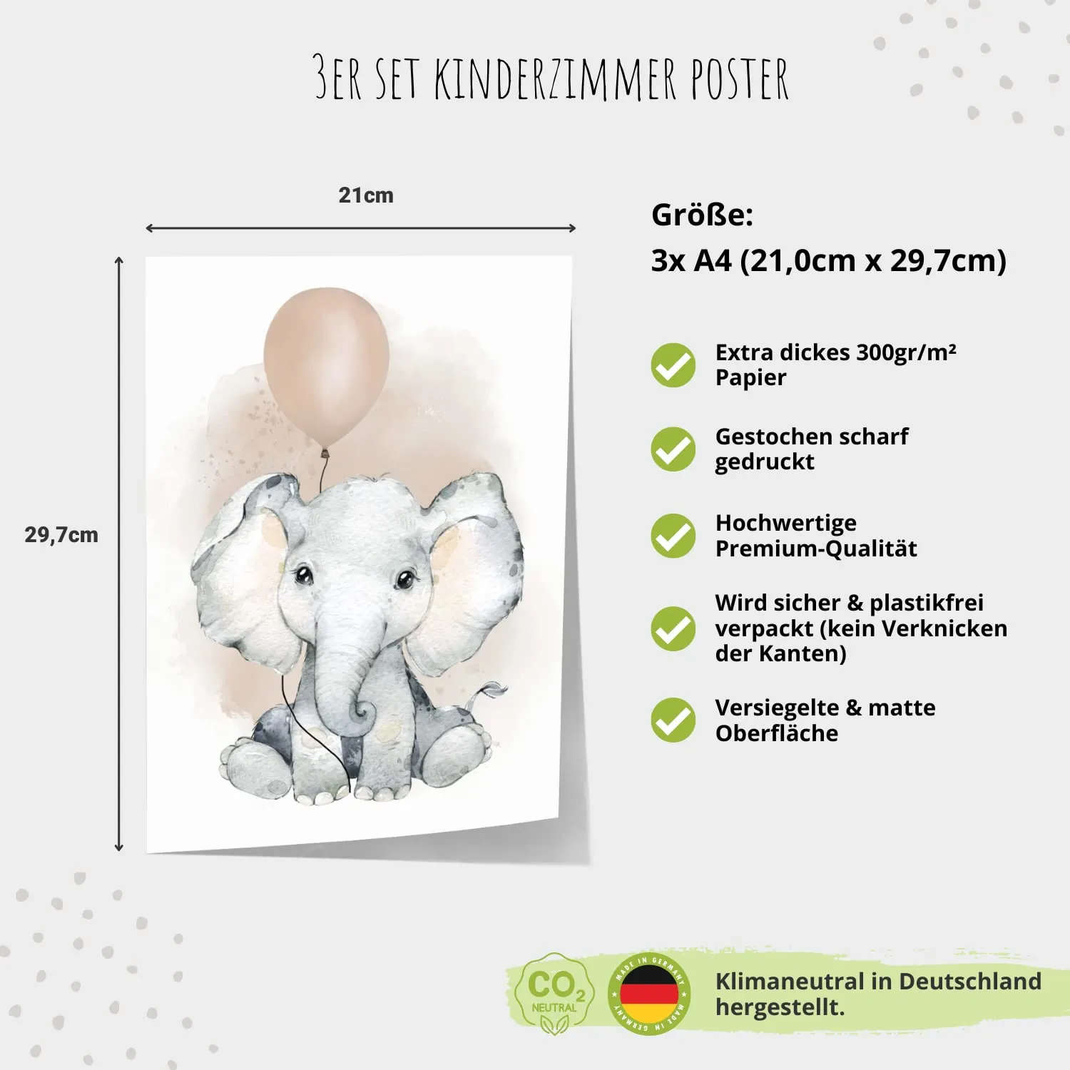 MeinBaby123 Elefant Luftballon Poster 3er Set A4 beige