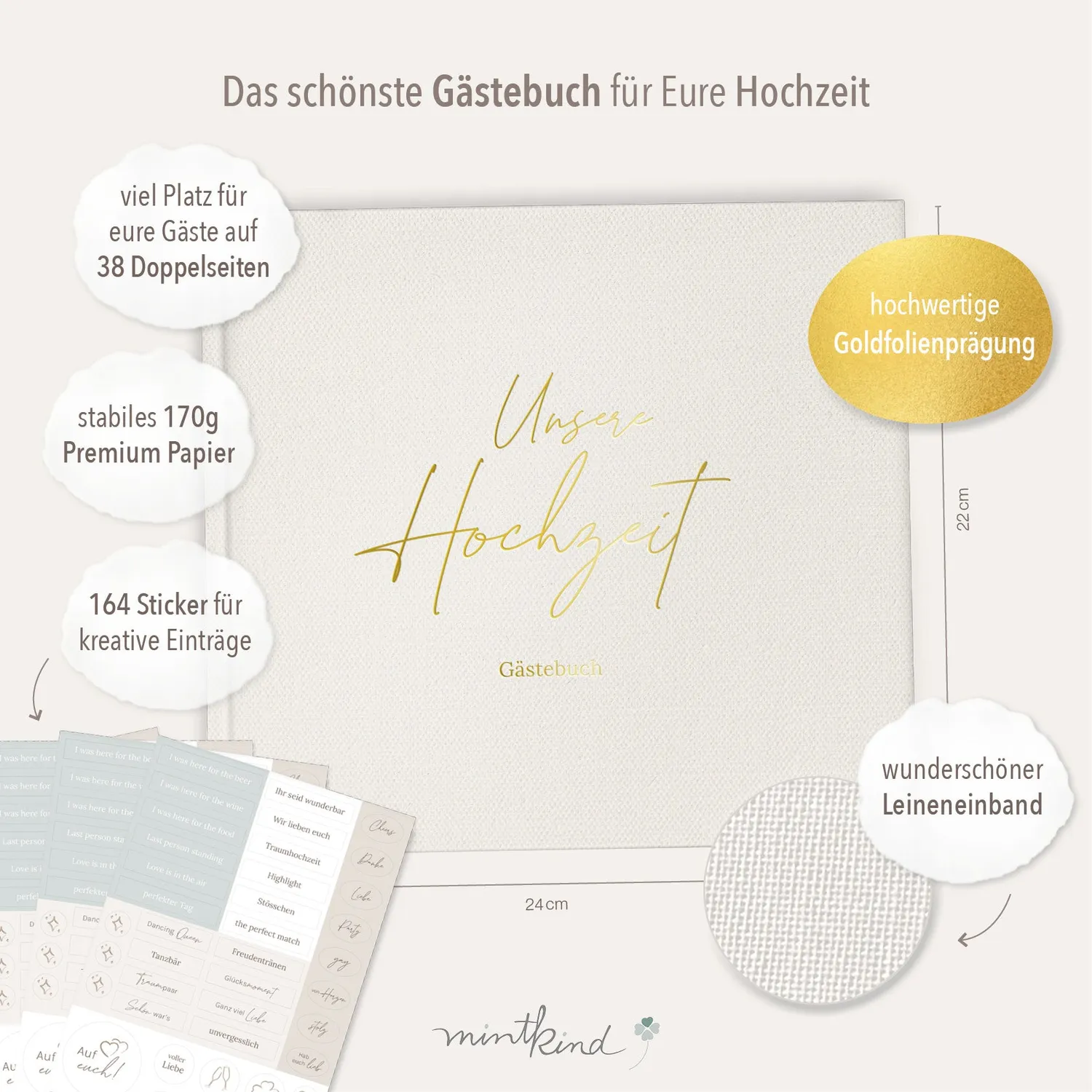 MINTKIND Gästebuch Hochzeit Leinen Offwhite mit Fragen