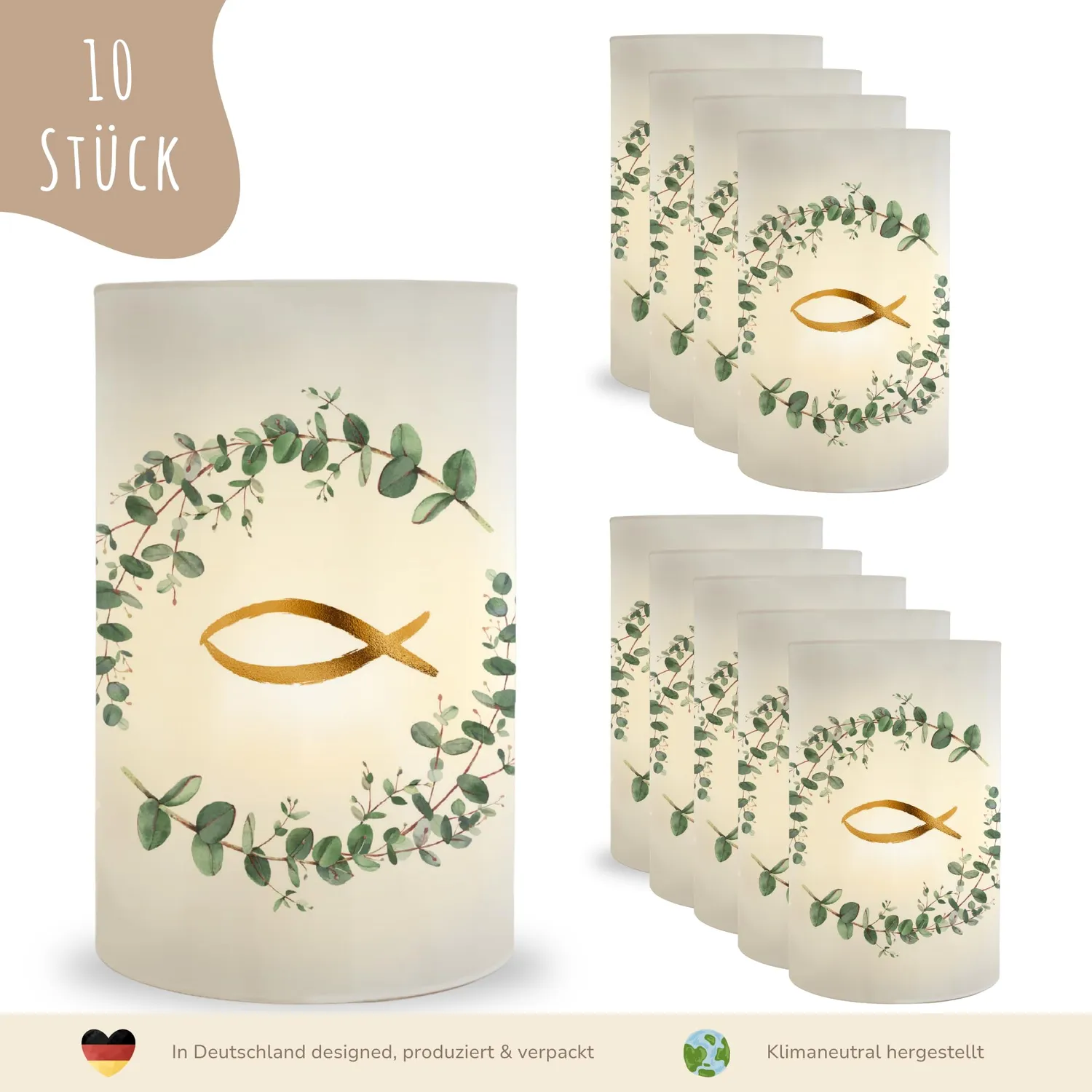 MeinBaby123 Windlicht Tischdeko Taufe 10 Stk Eukalyptus