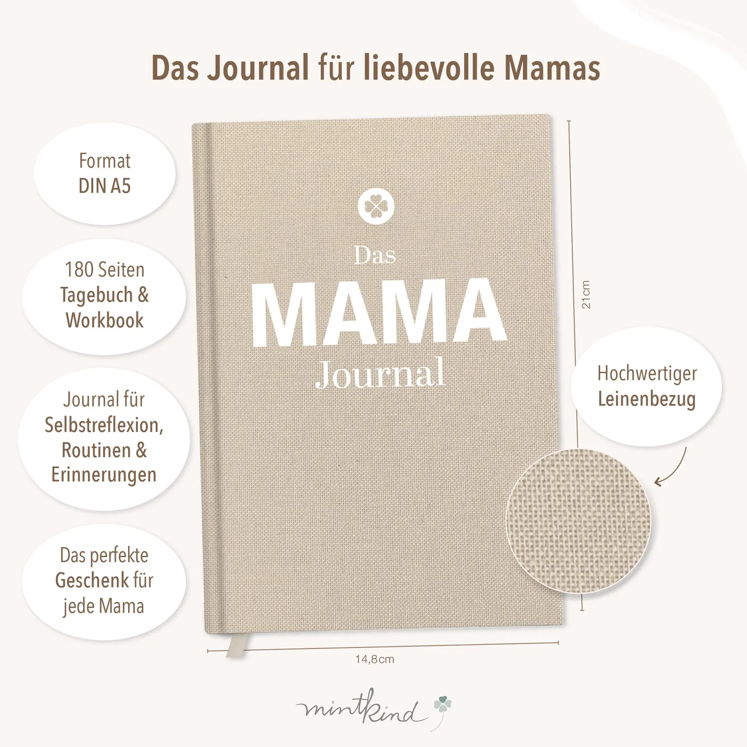 MINTKIND Mama Journal Tagebuch Leinen Beige geführt