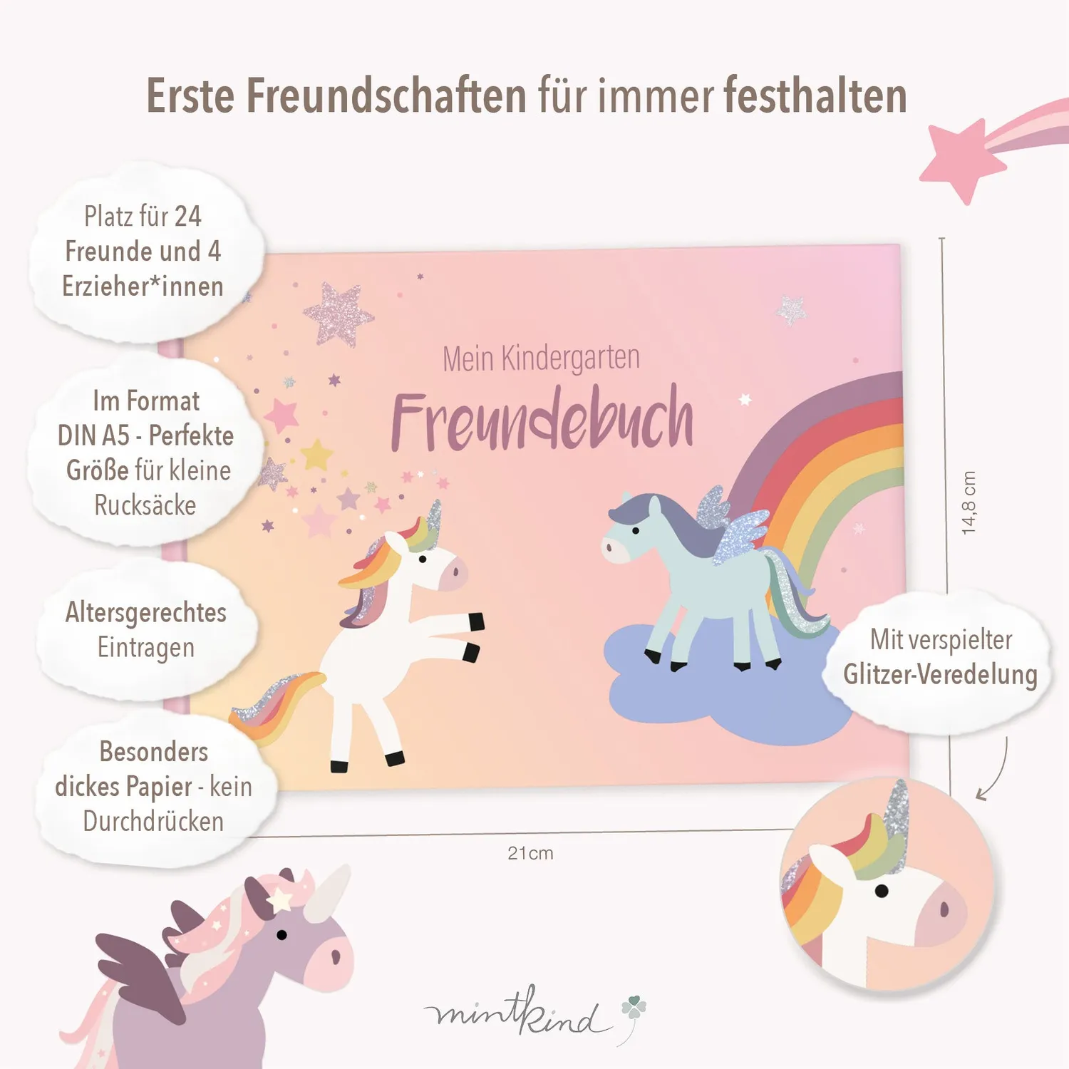 MINTKIND Einhorn Freundebuch Kindergarten Rosa 96 Seiten