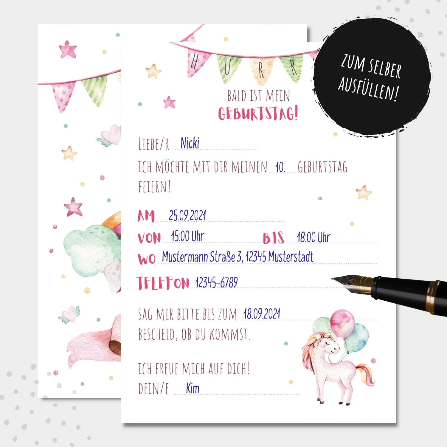 MeinBaby123 Kindergeburtstag Einladungskarten Einhorn 10er mit Umschlägen