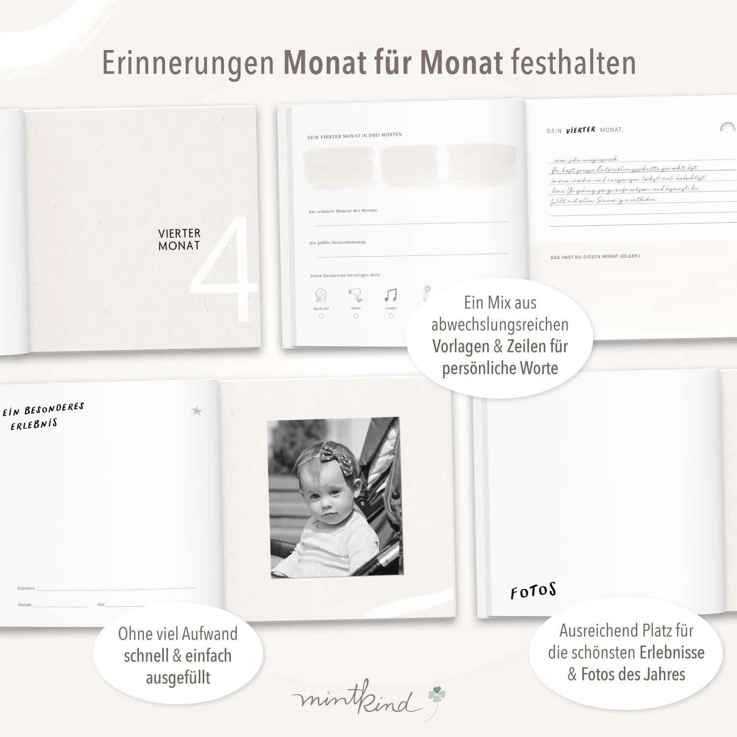 MINTKIND Baby-Tagebuch Leineneinband Beige gebunden 132 Seiten