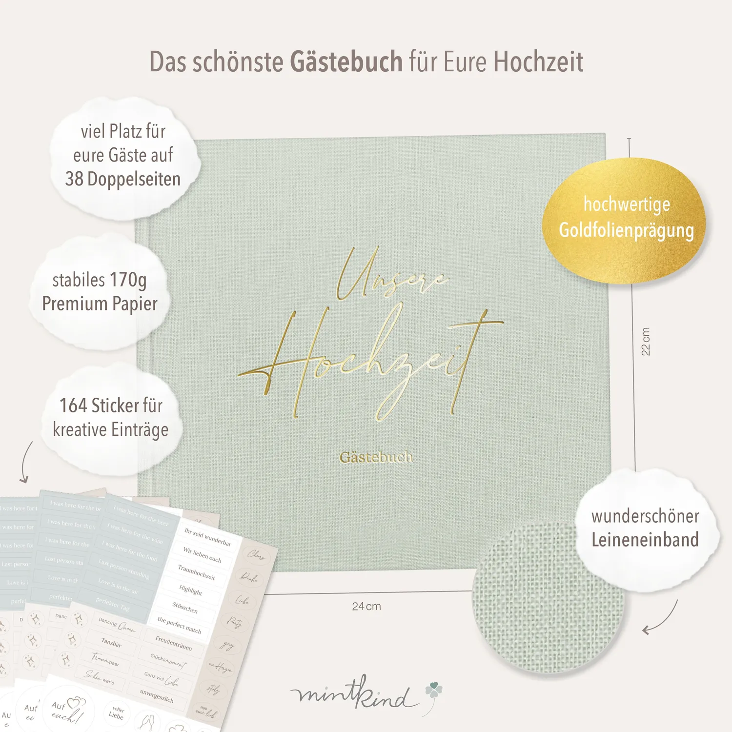 MINTKIND Gästebuch Hochzeit Leinen Offwhite mit Fragen