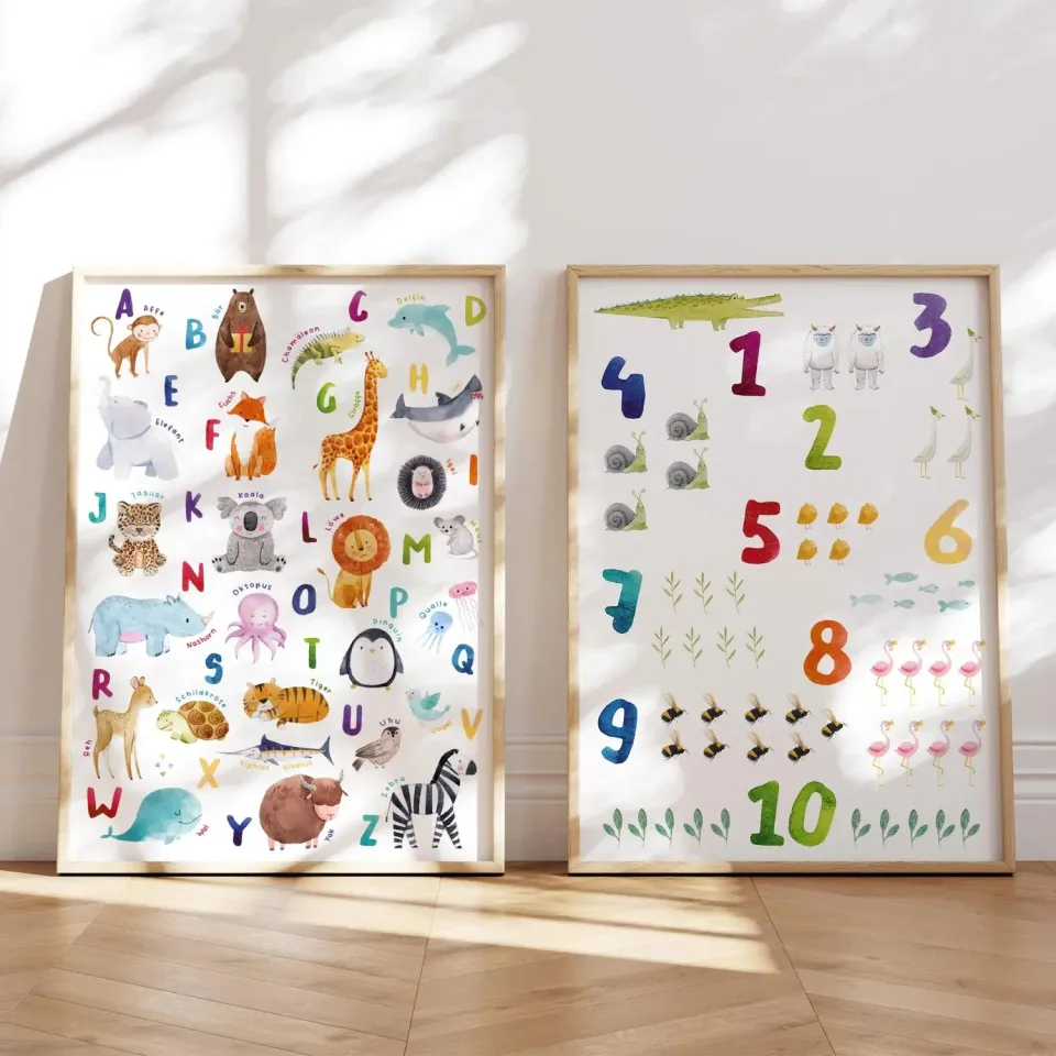 MeinBaby123 Lernposter 2er Set A4 ABC Zahlen Tiere