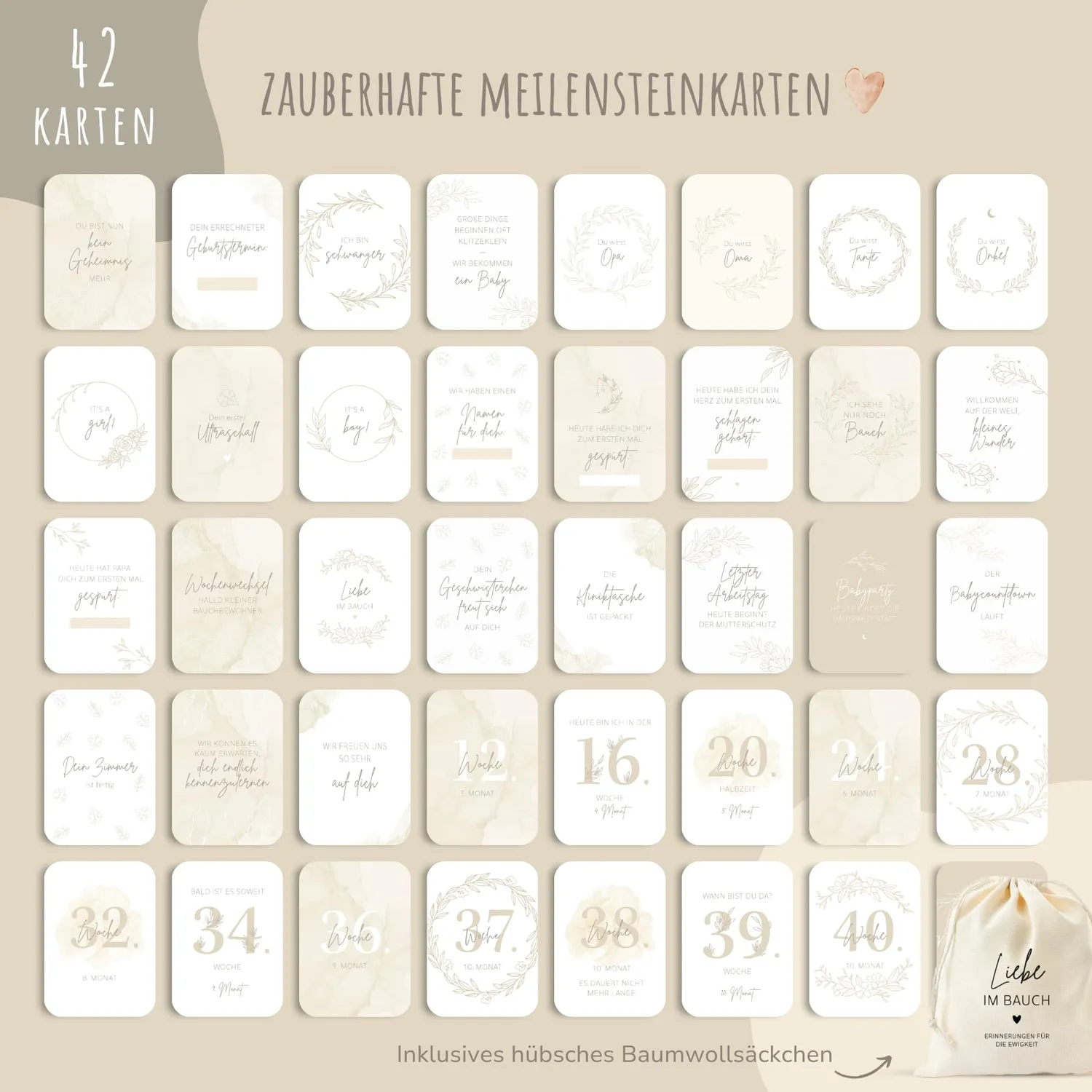 MeinBaby123 Meilensteinkarten Schwangerschaft beige boho 42er Set