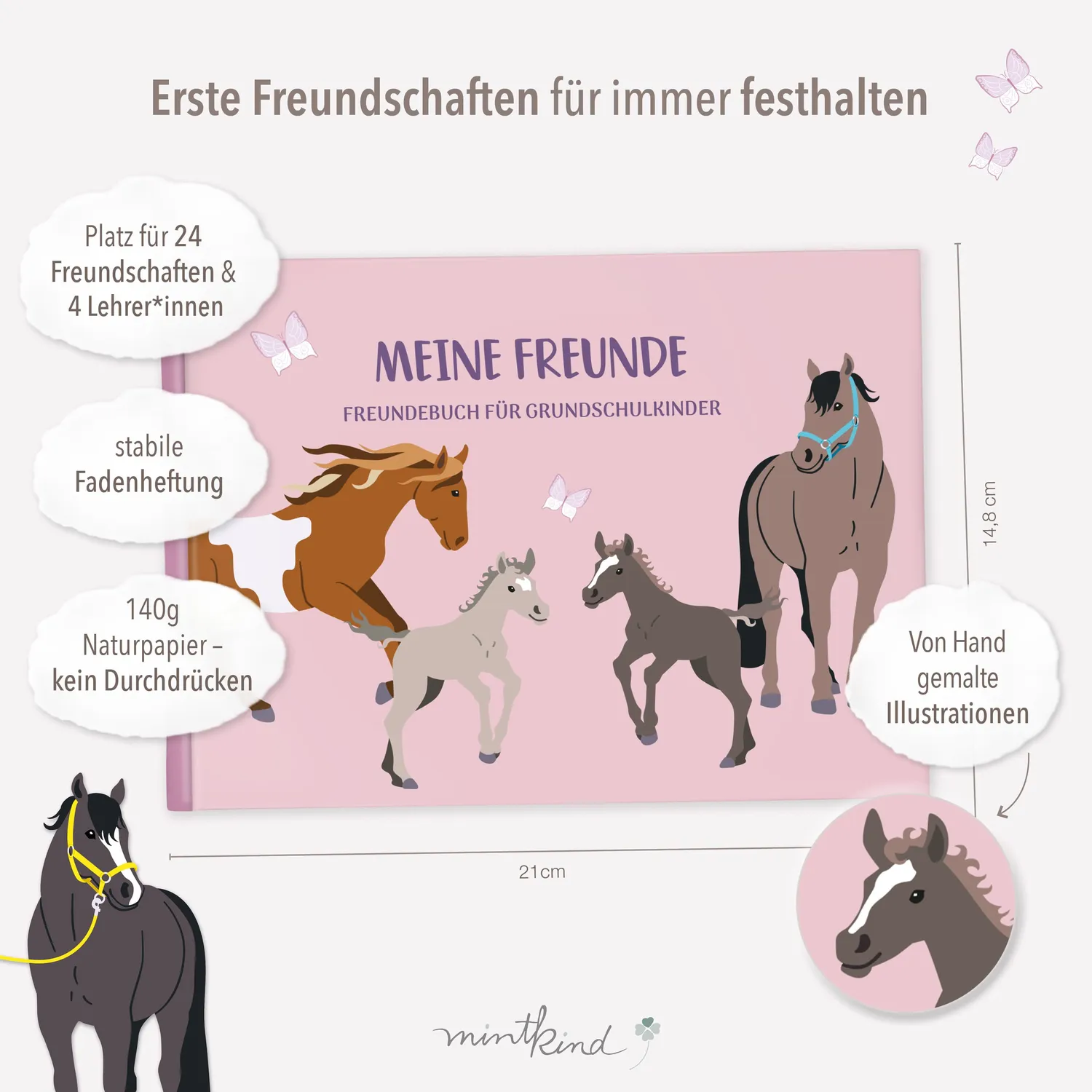 MINTKIND Freundebuch Schule Pferde Rosa 96 Seiten