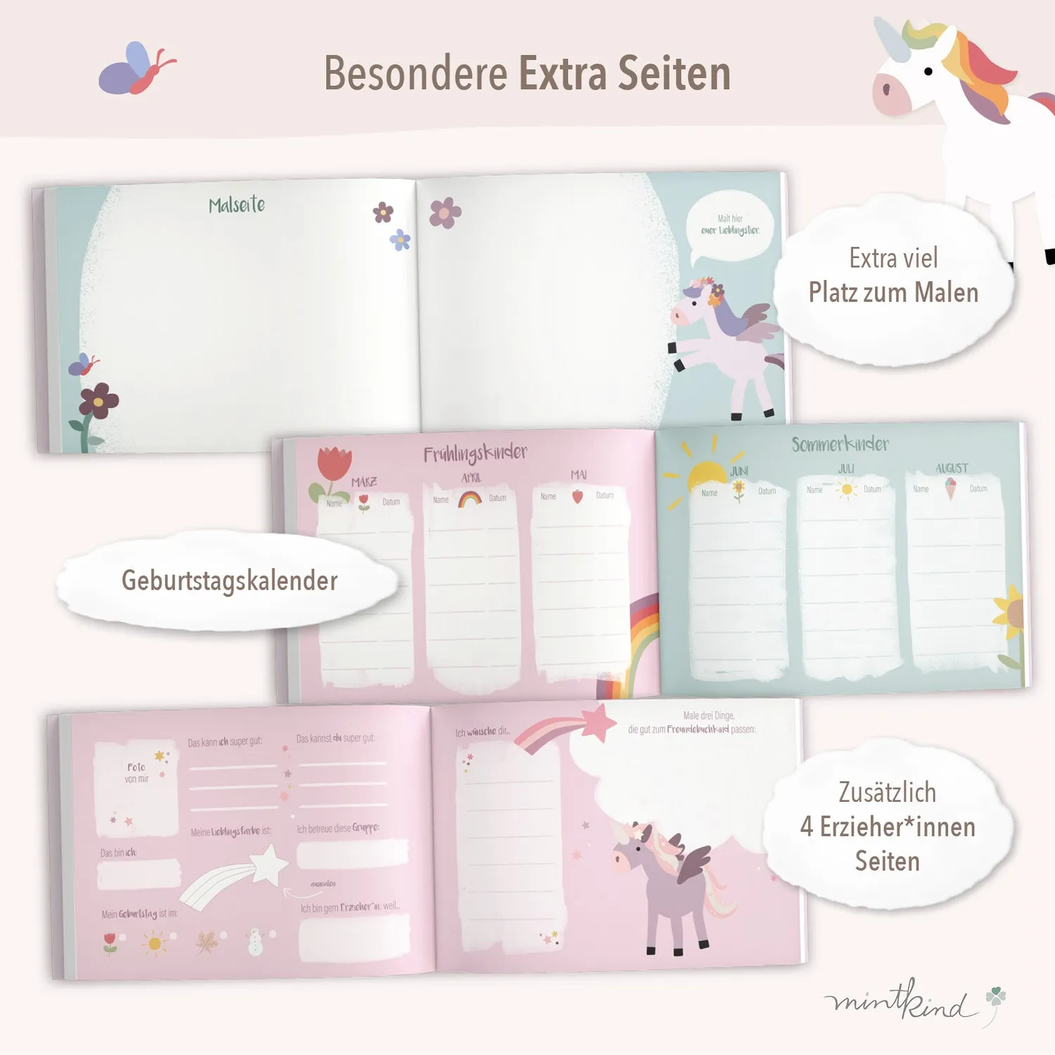 MINTKIND Einhorn Freundebuch Kindergarten Rosa 96 Seiten