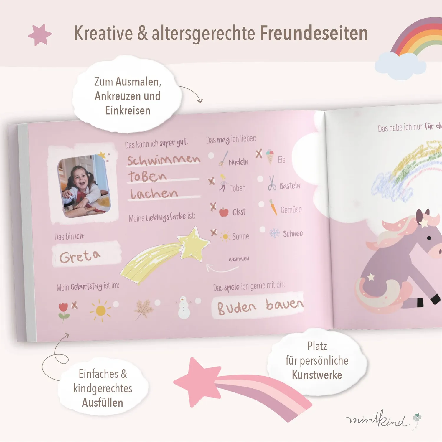 MINTKIND Einhorn Freundebuch Kindergarten Rosa 96 Seiten