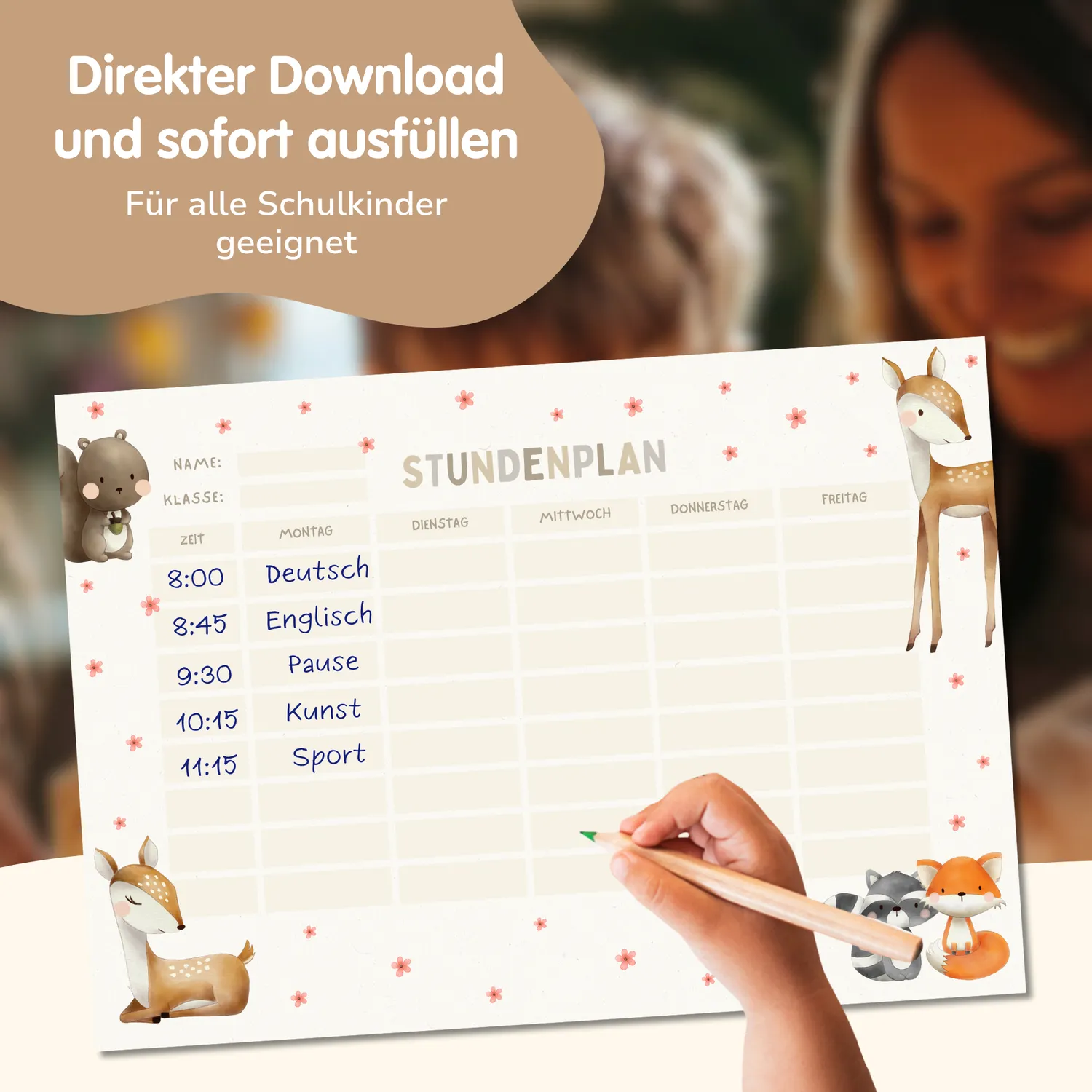 MeinBaby123 Waldtiere Stundenplan zum Ausdrucken PDF A4