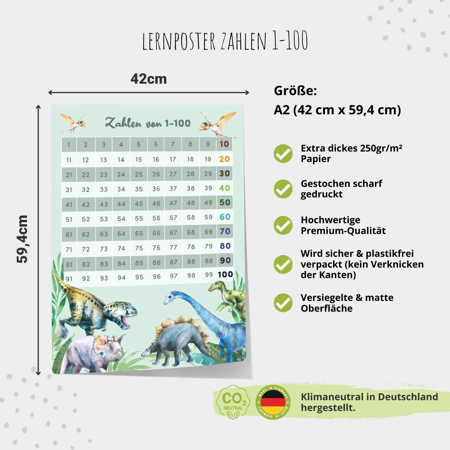 MeinBaby123 Lernposter Zahlen 1-100 Dinos A2