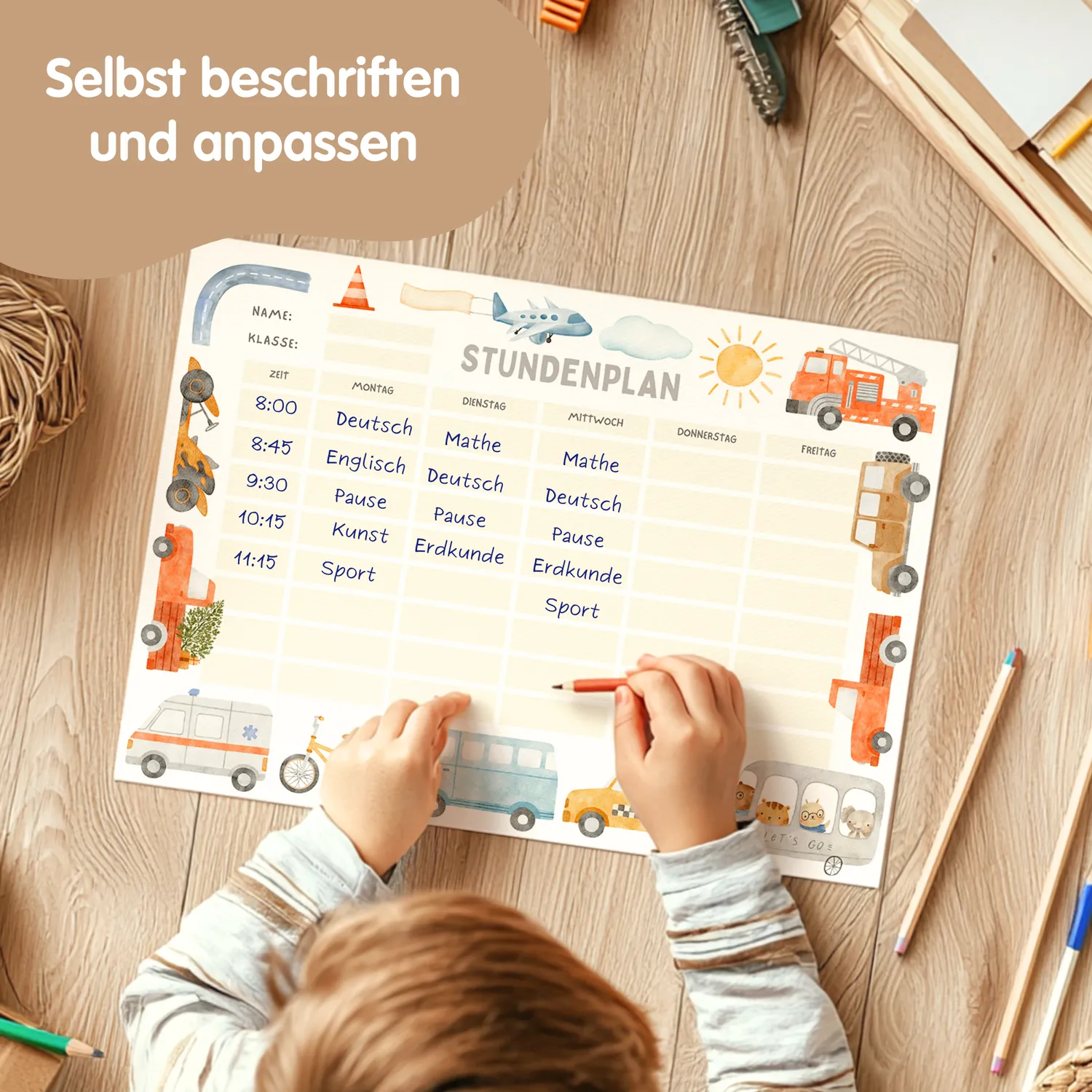 MeinBaby123 Stundenplan Autos PDF zum Ausdrucken A4