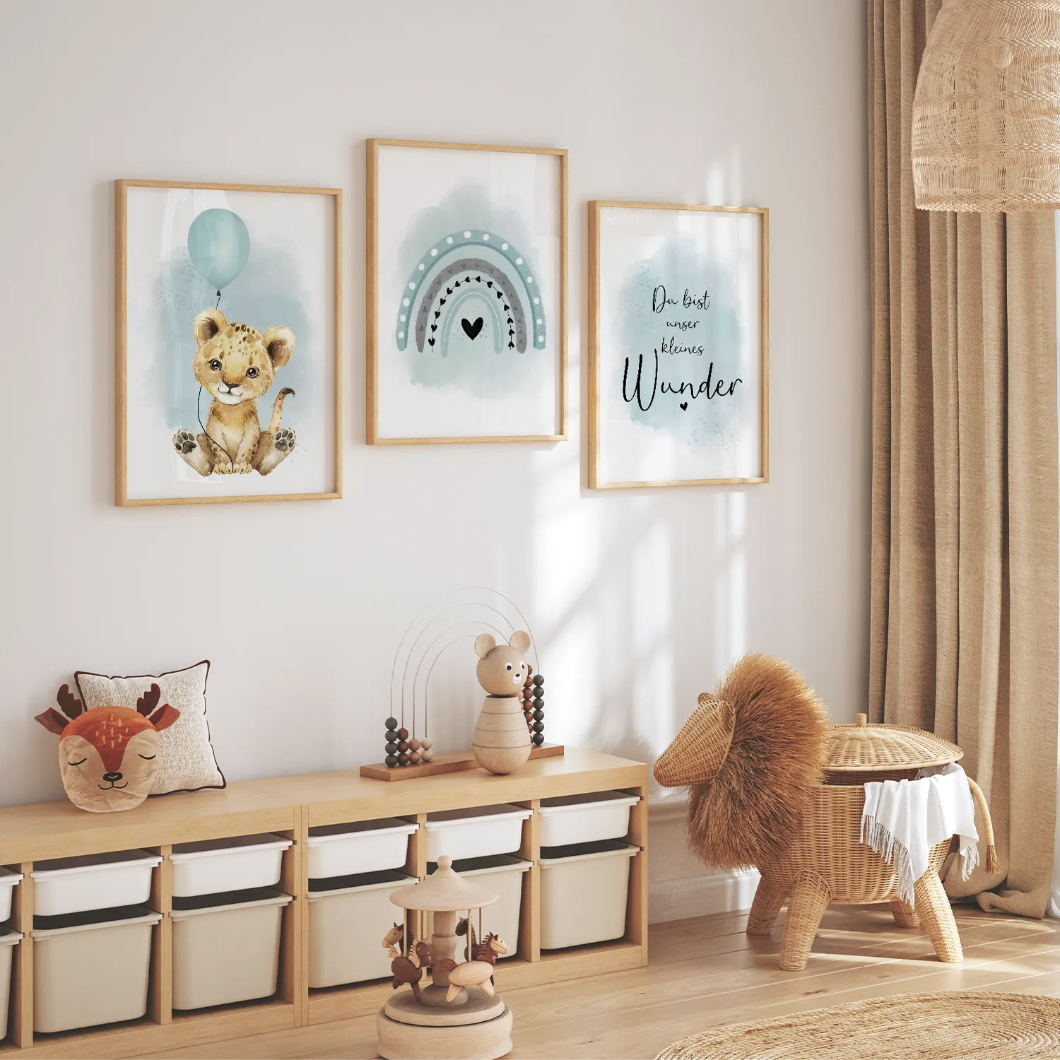 MeinBaby123 Kinderzimmer Poster 3er Set A4 Löwe Luftballon mint