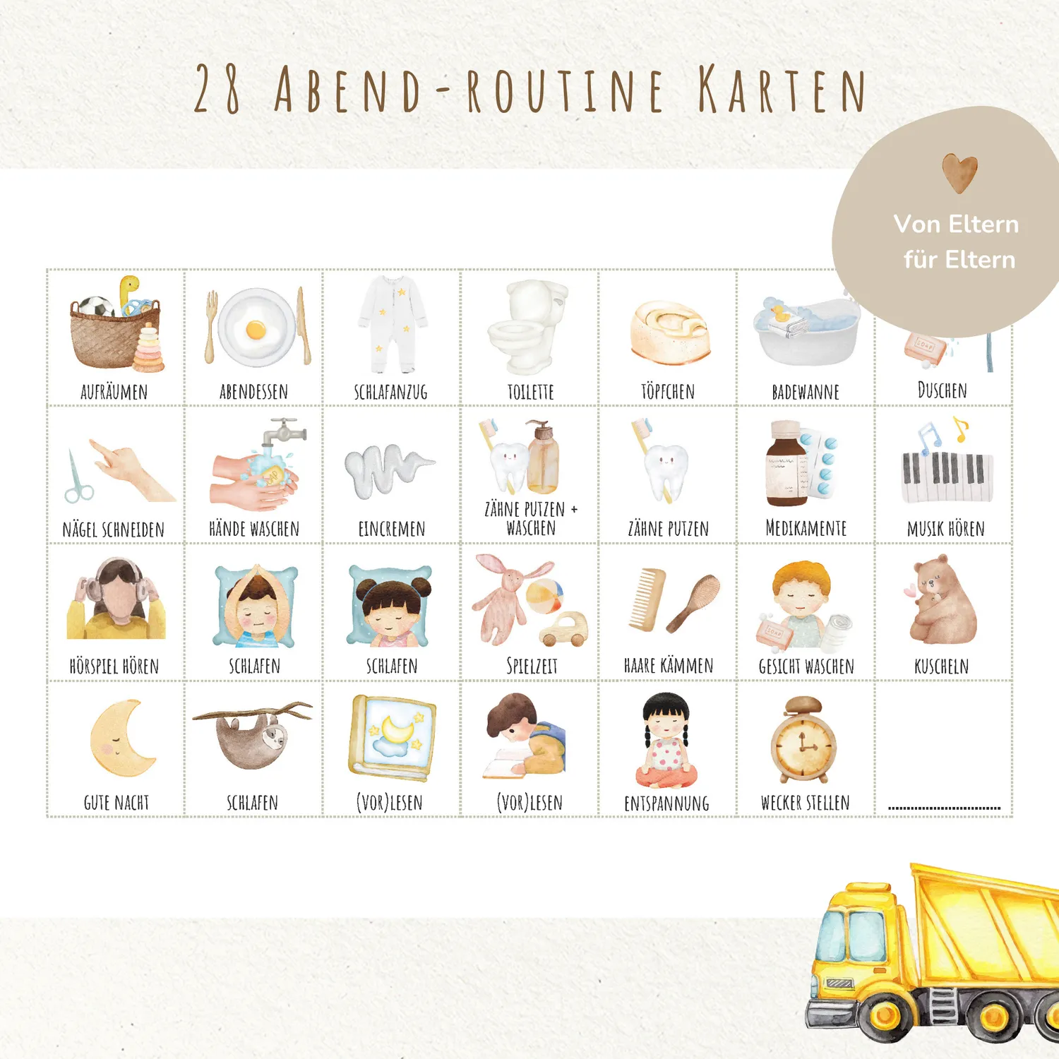 MeinBaby123 Morgen-Abendroutine Bagger Routineplan Ausdrucken Kinder