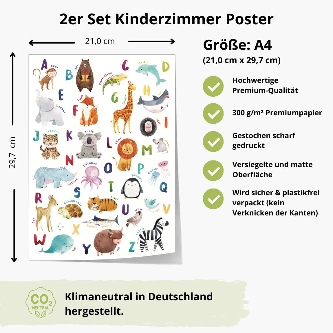MeinBaby123 Lernposter 2er Set A4 ABC Zahlen Tiere