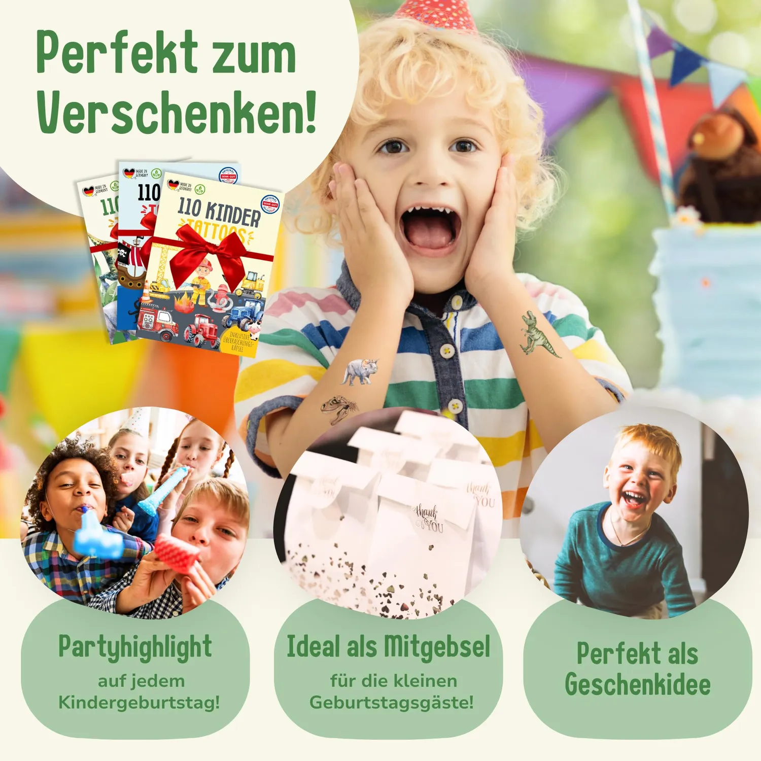 MeinBaby123 Kindertattoos 3er Set Dinos Piraten Fahrzeuge