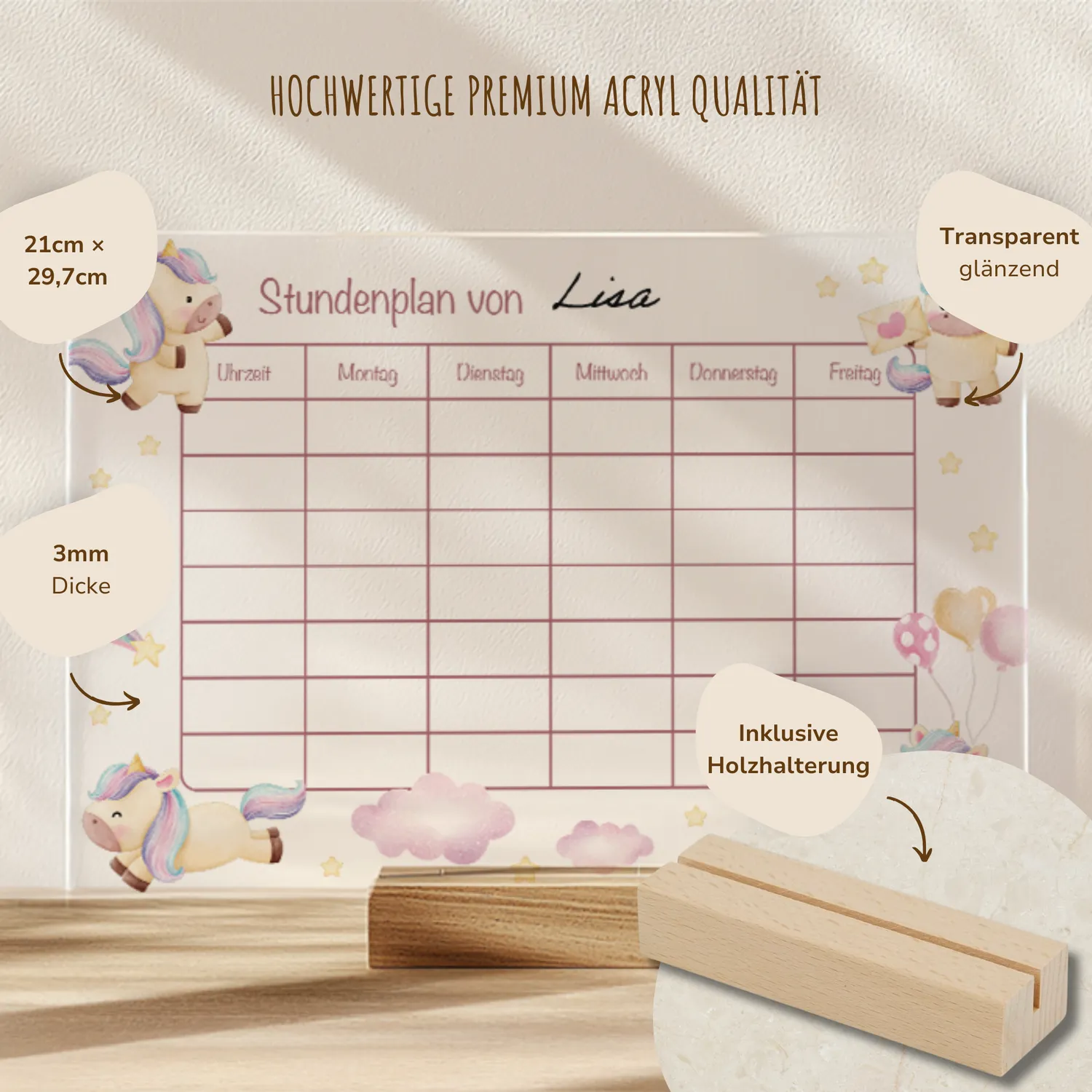 MeinBaby123 Stundenplan Acryl Einhörner A4 mit Halterung