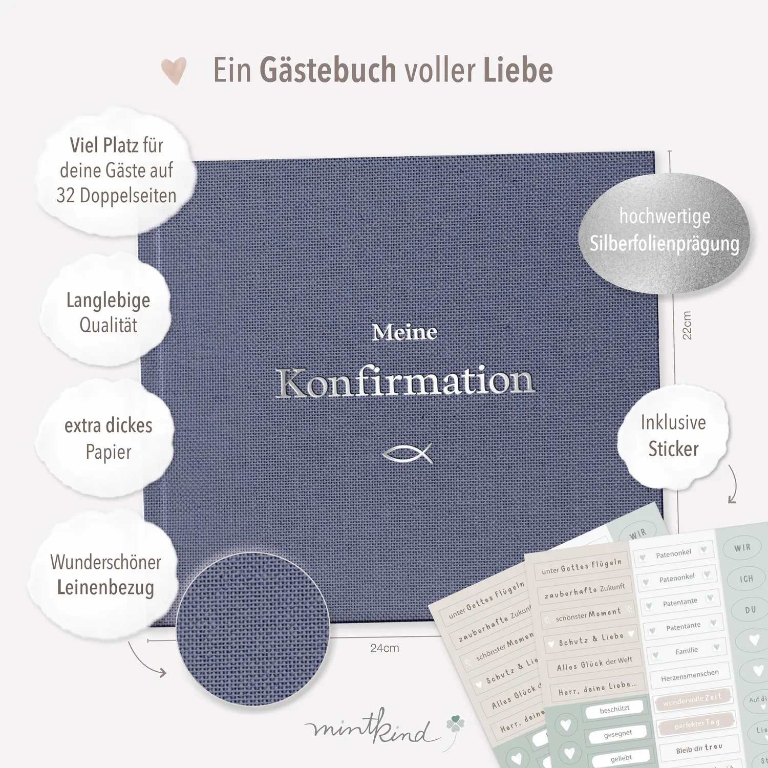MINTKIND Meine Konfirmation Gästebuch Leinen Beige 72 Seiten