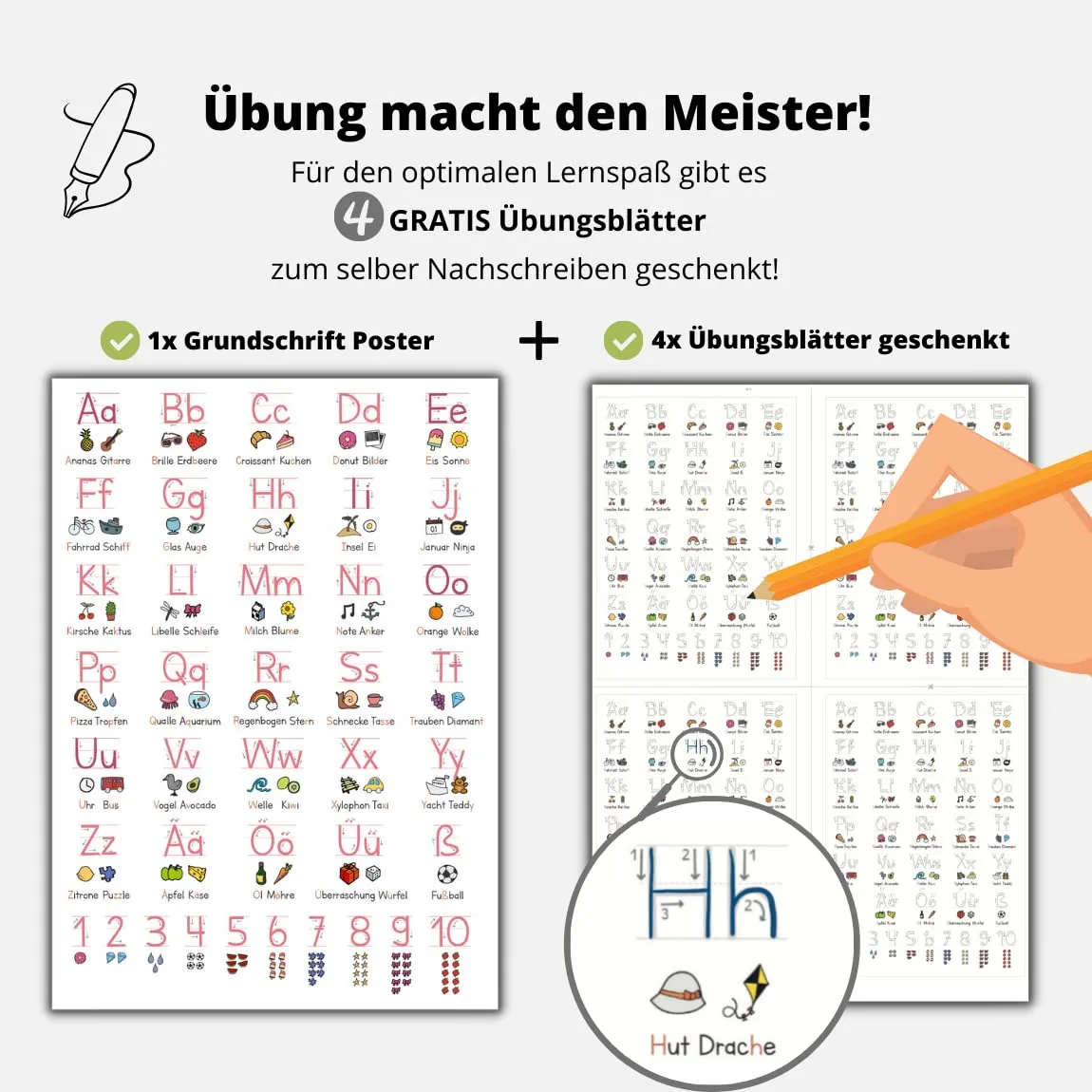 MeinBaby123 Grundschrift Lernposter rosa-weiß A2 matt