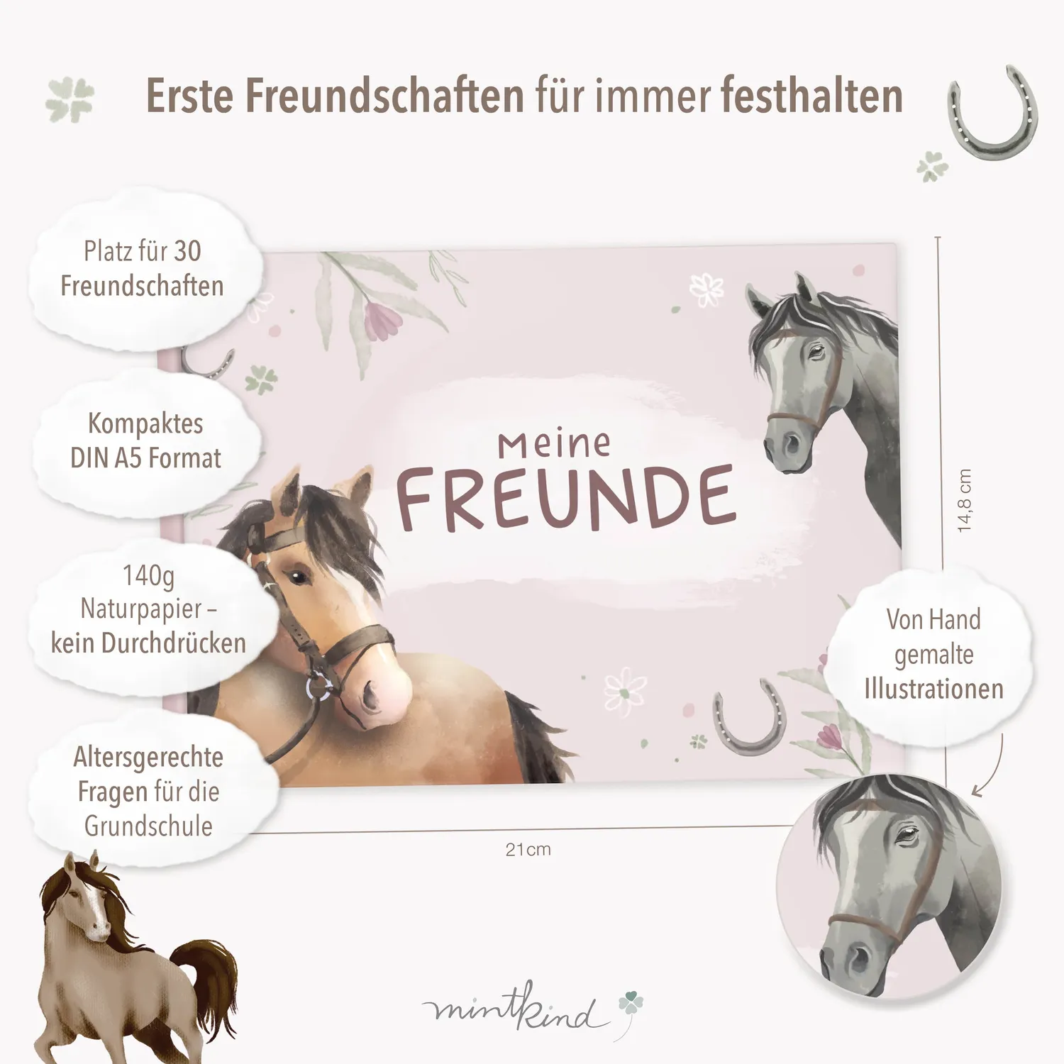 MINTKIND Freundebuch Pferde Beige für 30 Freunde 140g