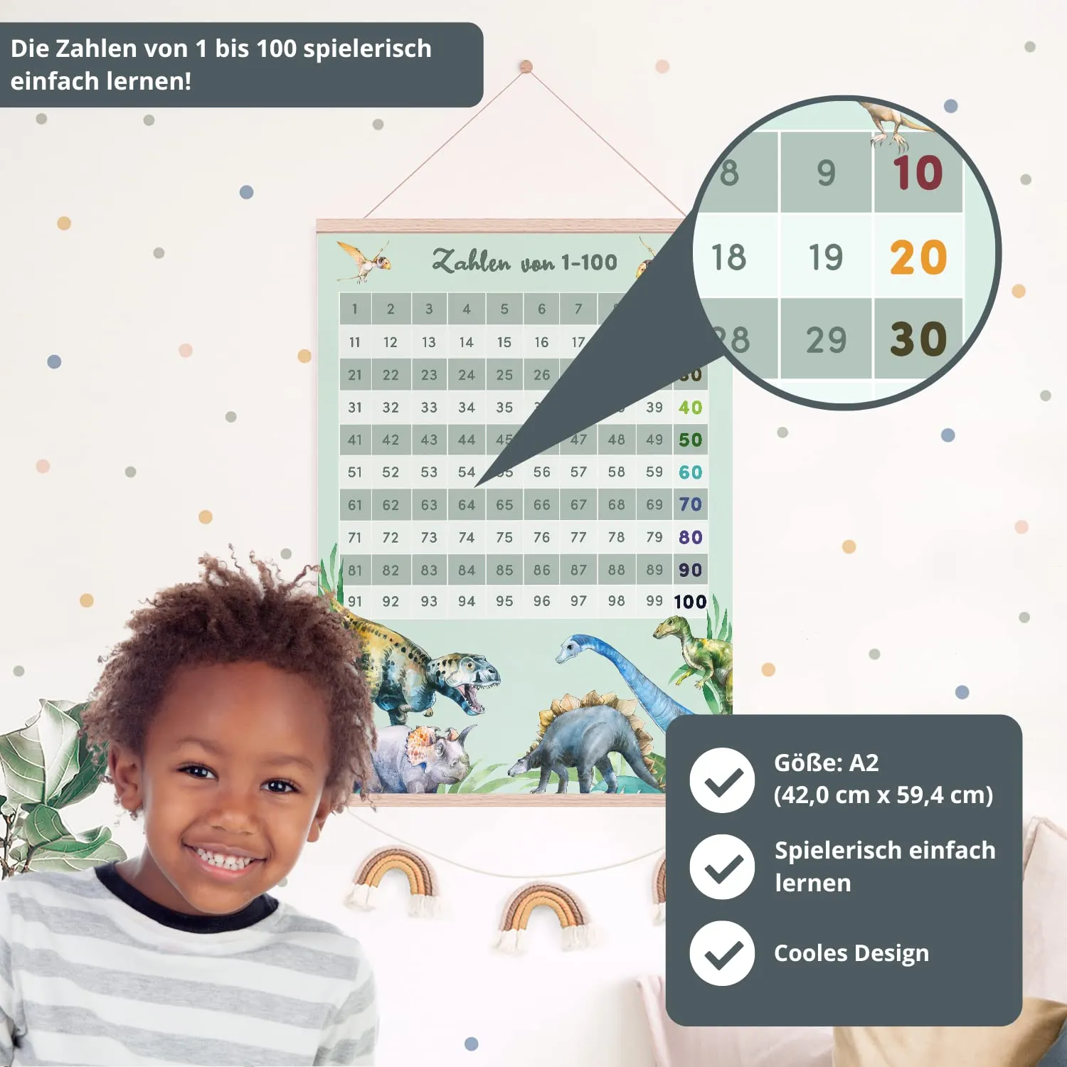 MeinBaby123 Lernposter Zahlen 1-100 Dinos A2