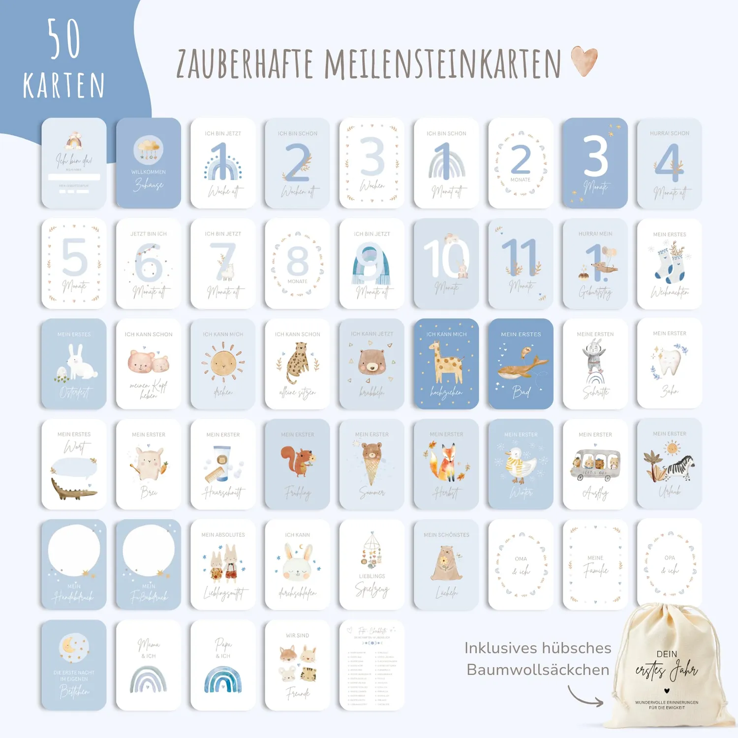 MeinBaby123 Dein erstes Jahr Meilensteinkarten blau 50 Stück