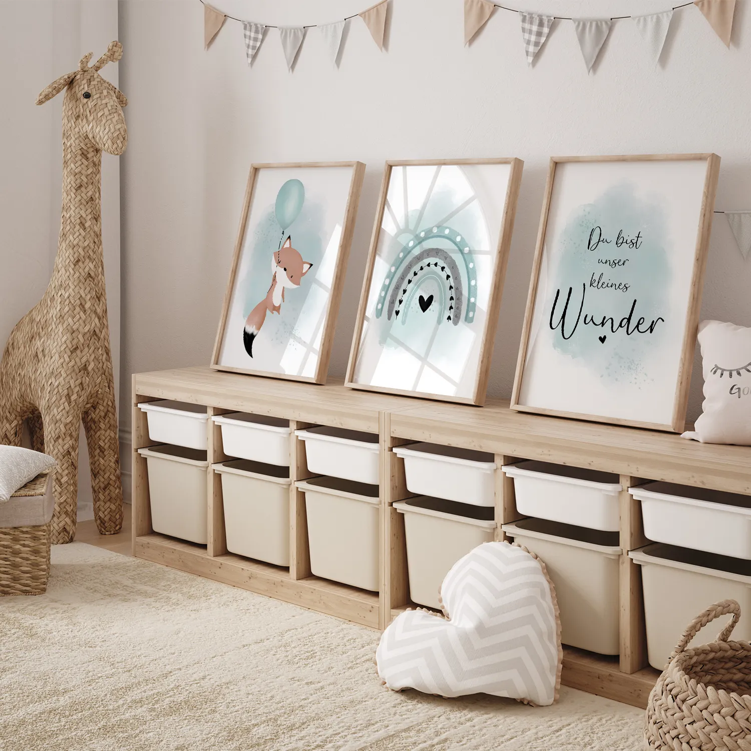 MeinBaby123 Poster Kinderzimmer 3er A4 Luftballon Fuchs Mint