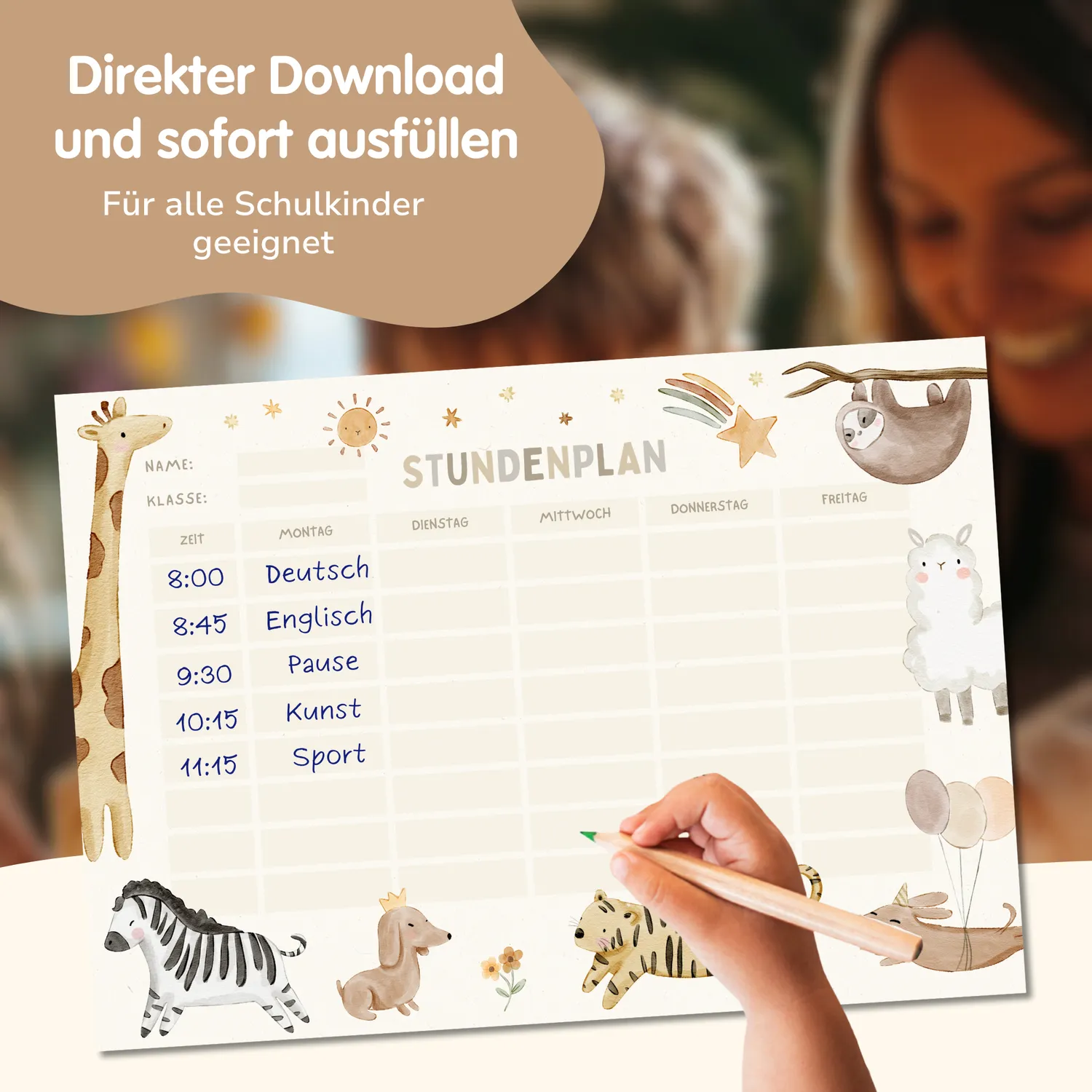 MeinBaby123 Süsse Tiere Stundenplan zum Ausdrucken PDF