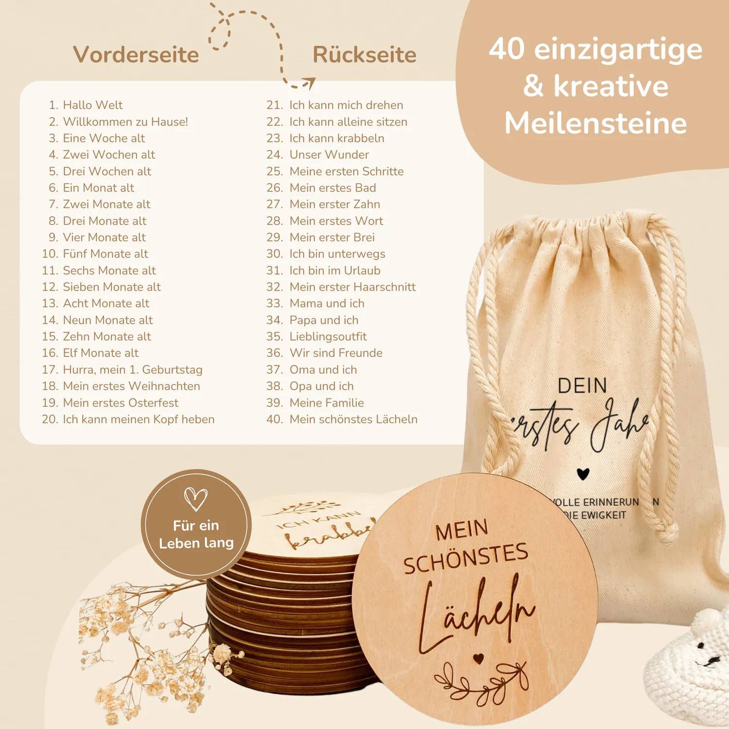 MeinBaby123 Baby Meilensteine Holzscheiben 40er Set rund