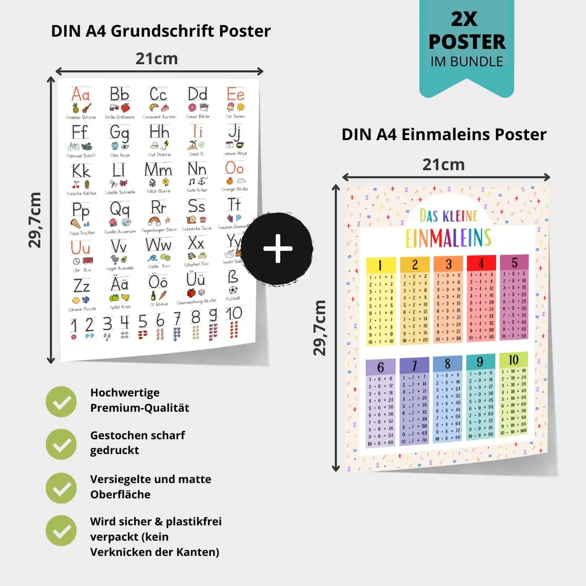 MeinBaby123 Grundschrift Einmaleins Lernposter 2er Set A4