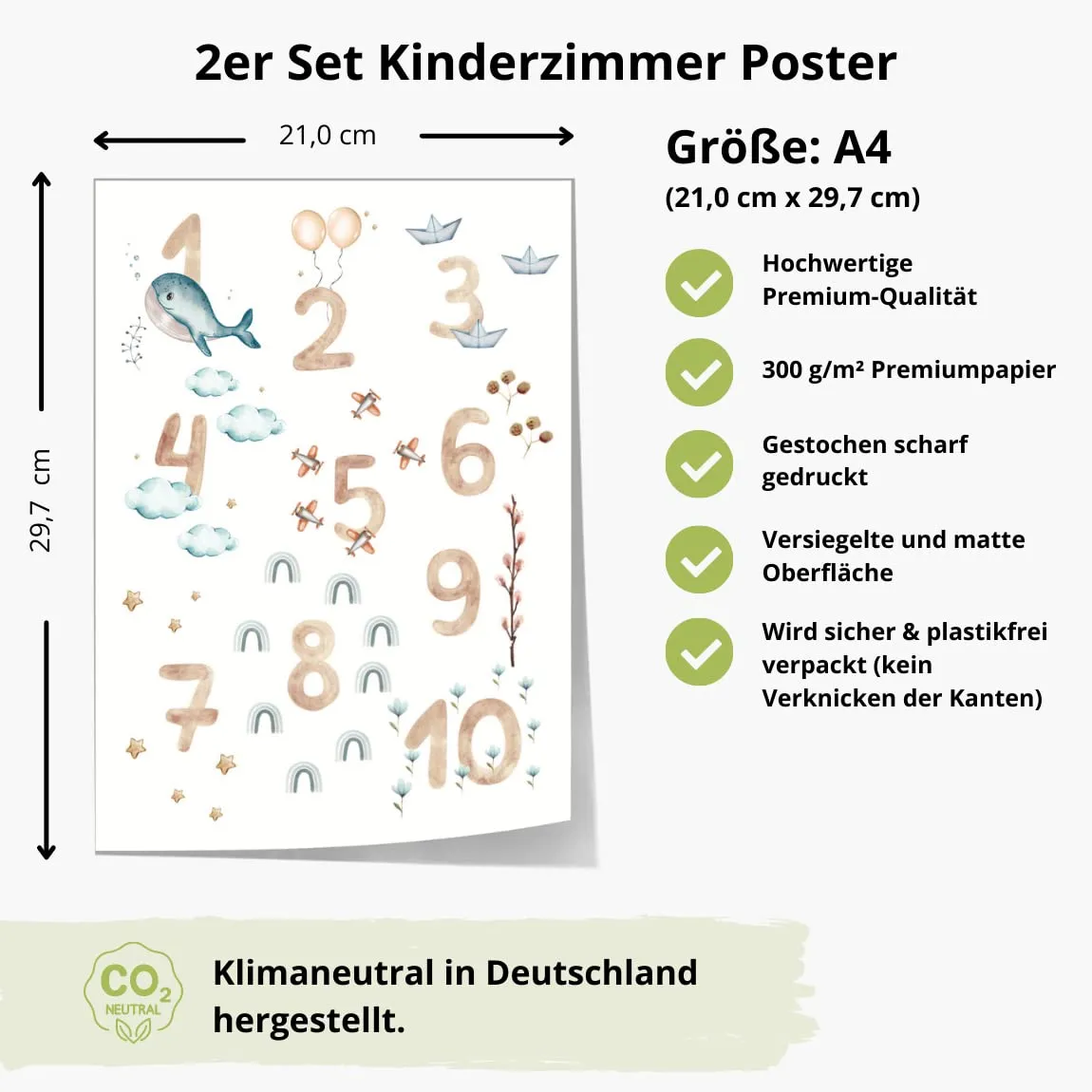 MeinBaby123 Lernposter ABC Zahlen Poster 2er Set A4 Tiere