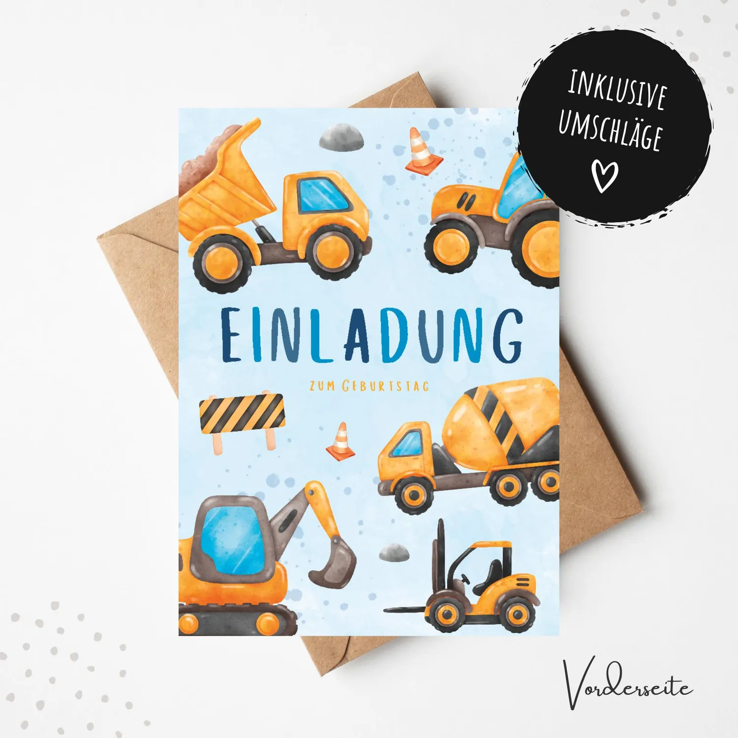 MeinBaby123 Einladungskarten Bagger 10er A6 mit Umschlägen Karton