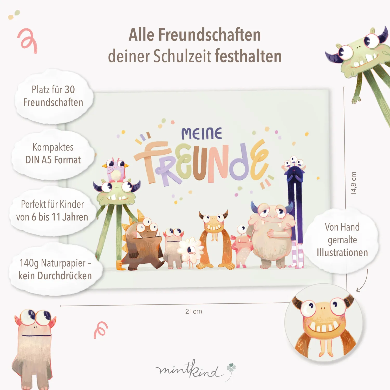 MINTKIND Freundebuch Schule 30 Freunde Leo Monster Smileys
