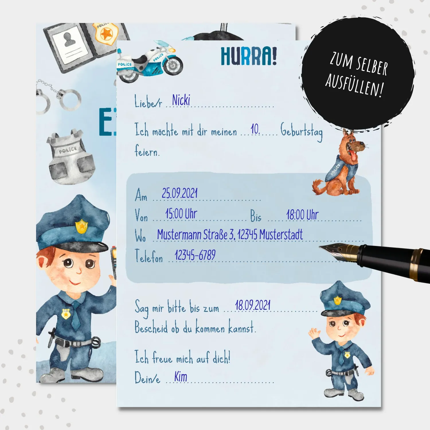 MeinBaby123 Polizei Einladungskarten Kindergeburtstag 10er Umschlag