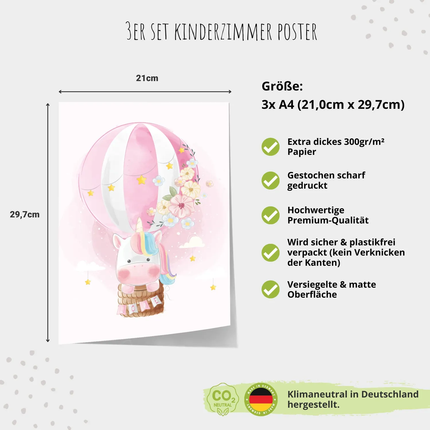 MeinBaby123 Kinderzimmerposter 3er Set A4 Poster Einhorn matt