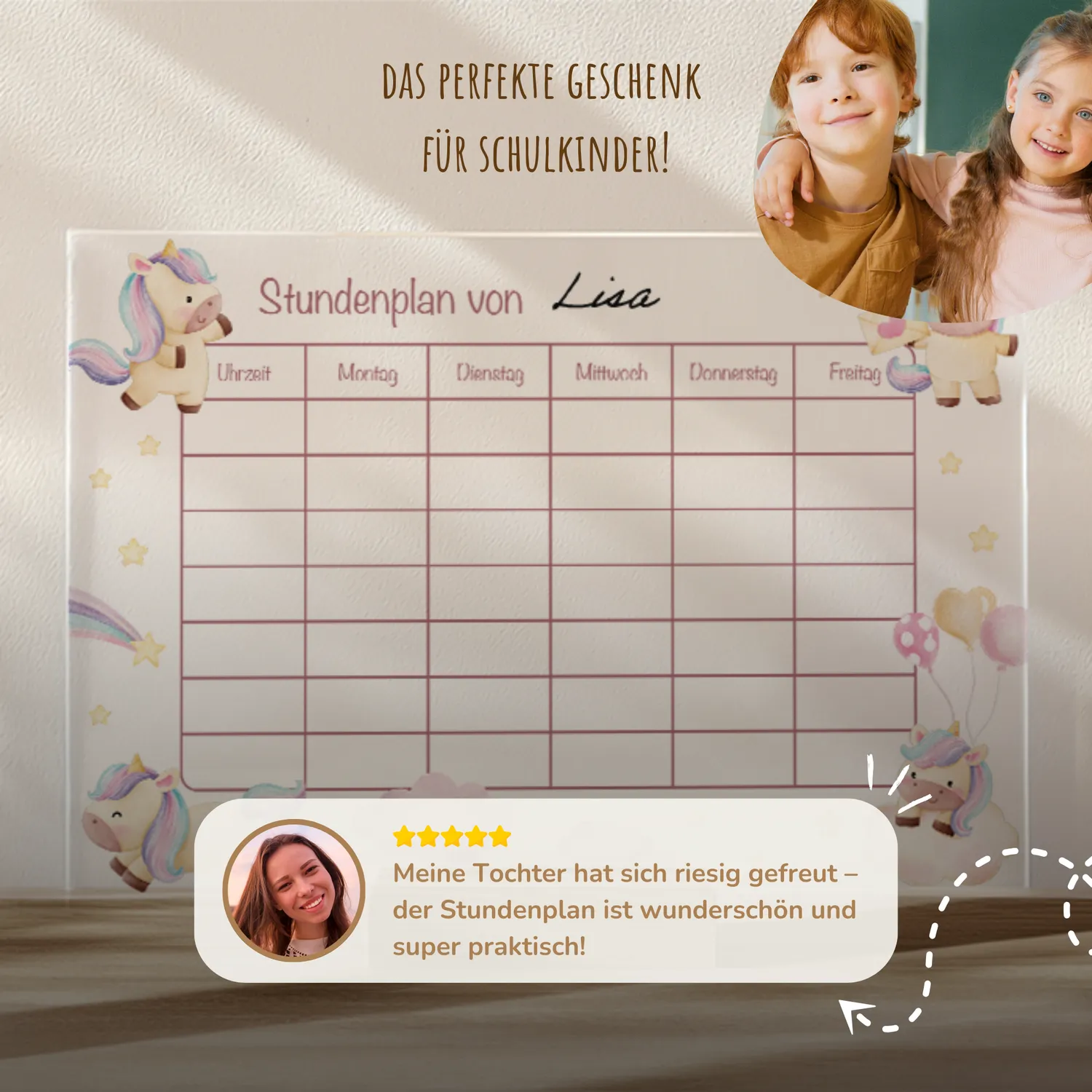 MeinBaby123 Stundenplan Acryl Einhörner A4 mit Halterung