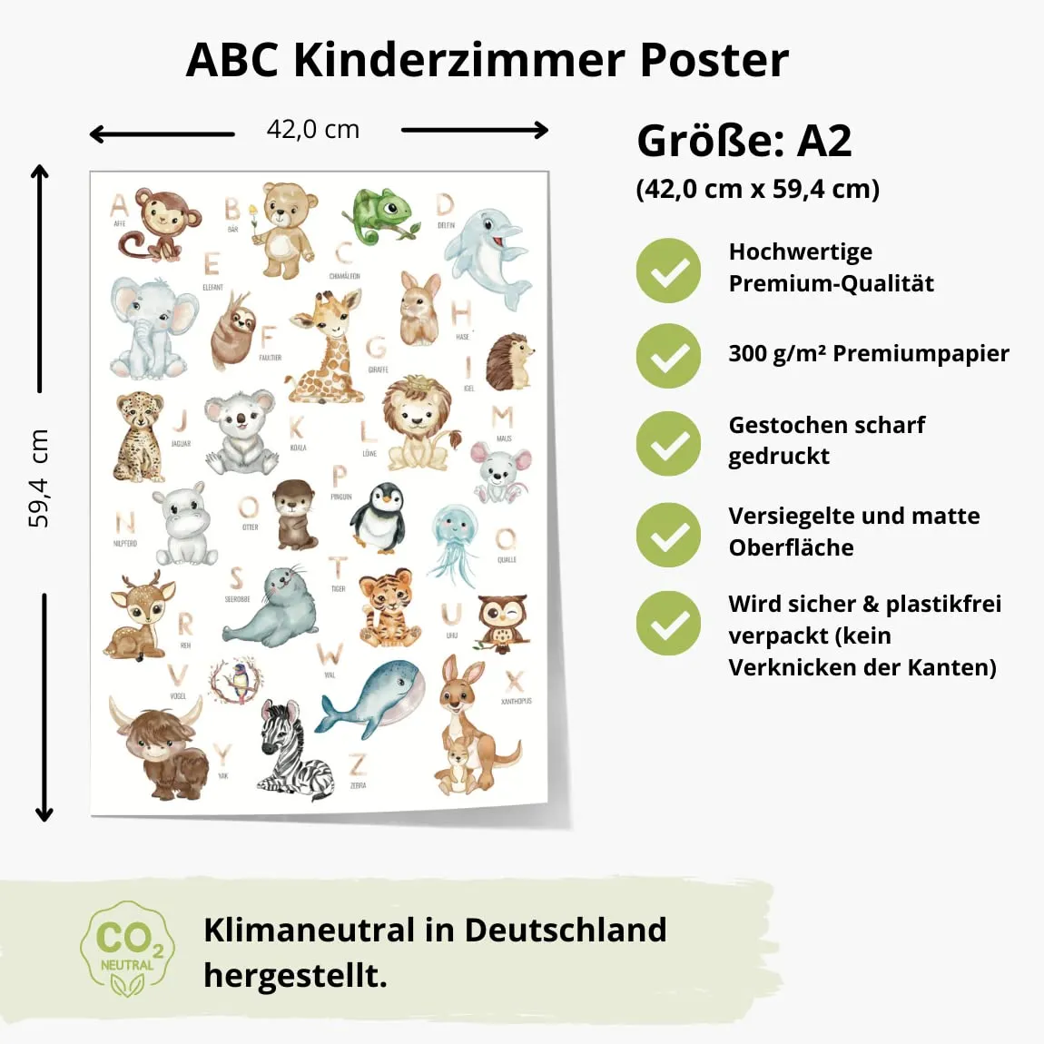 MeinBaby123 Lernposter Tiere Alphabet A2 300g + Bonus
