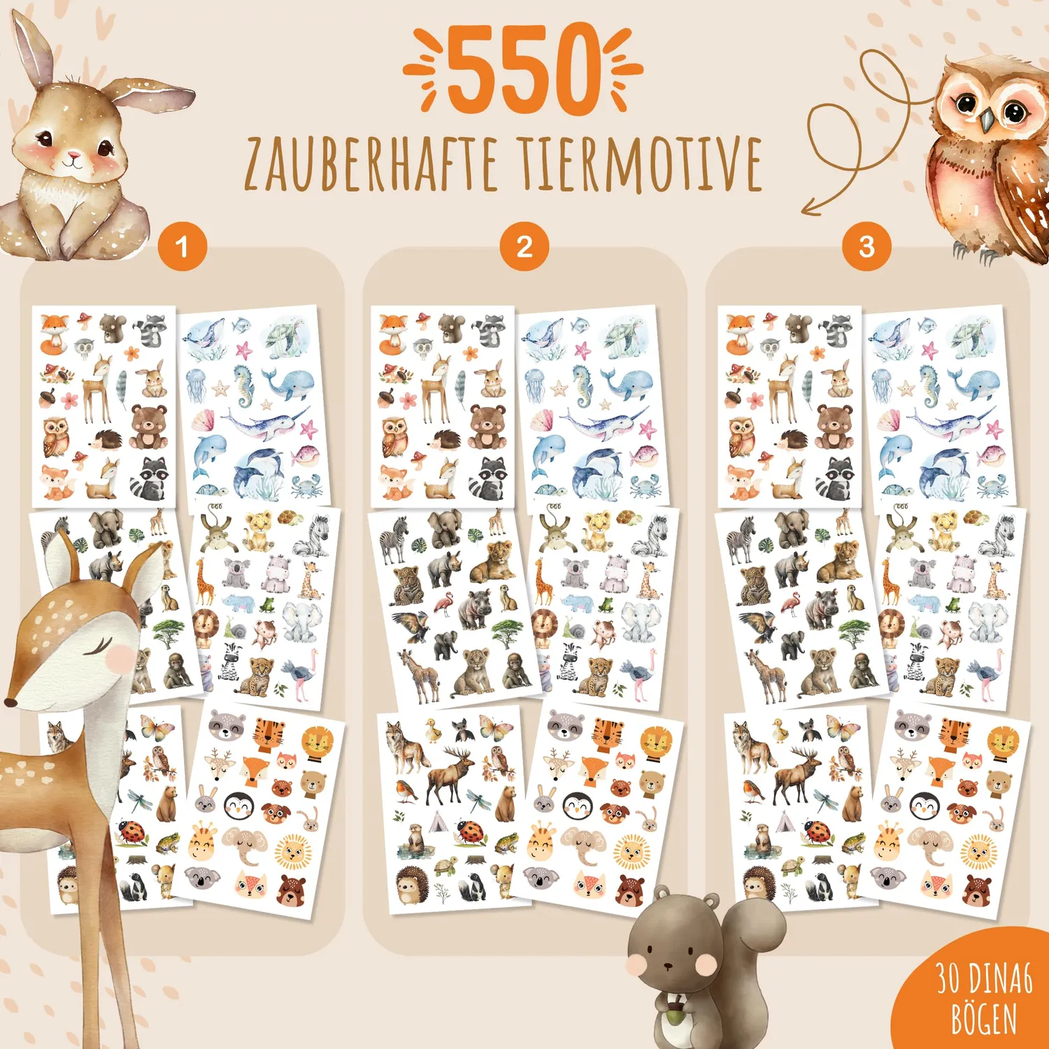 MeinBaby123 Kinder Tattoos Süße Tiere 5er Set 550 Stück