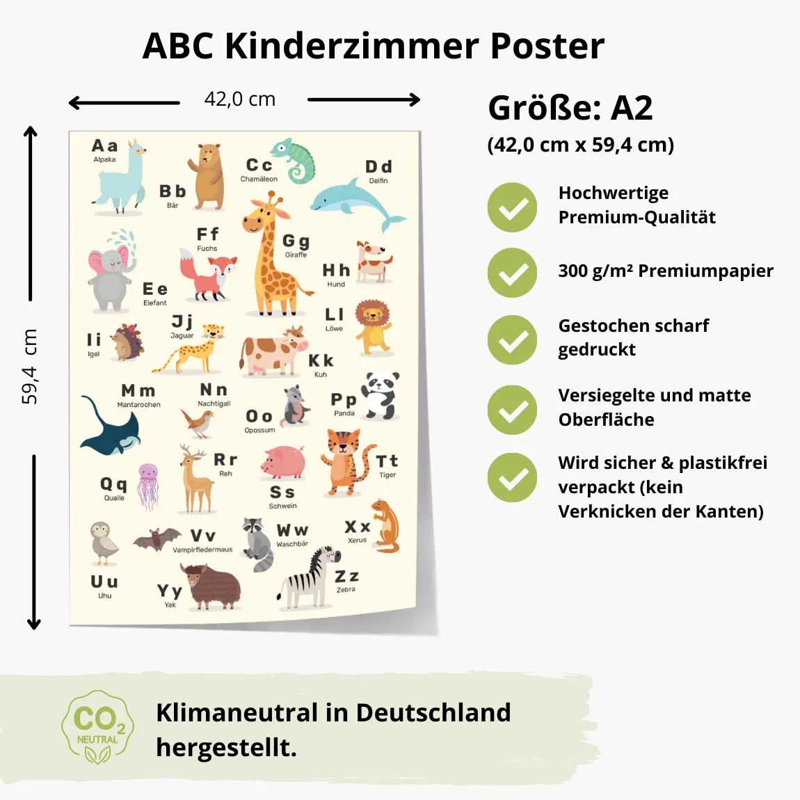 MeinBaby123 Lernposter Tiere Alphabet A2 Poster Tier-ABC
