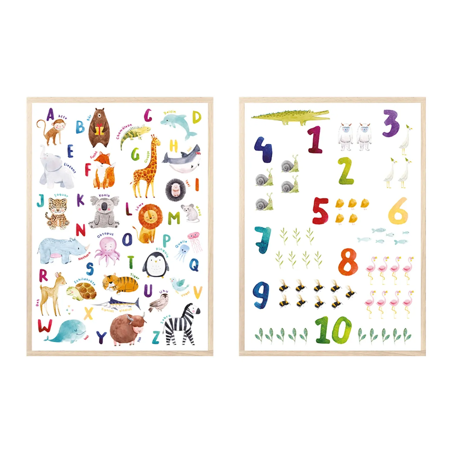 MeinBaby123 Lernposter 2er Set A4 ABC Zahlen Tiere